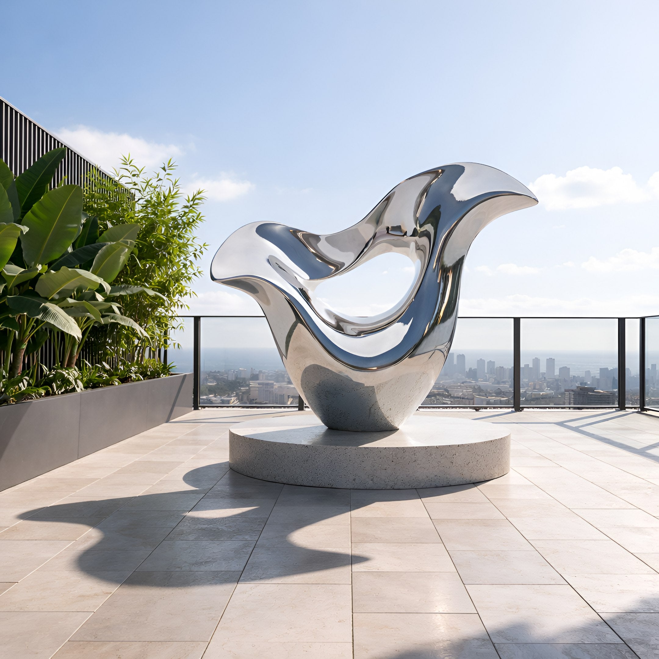 The Wisp Silver Abstract Steel Sculpture (200cm) by Giant Sculptures is displayed on a round pedestal atop a rooftop terrace, with city buildings in the background and potted green plants lining one side.
