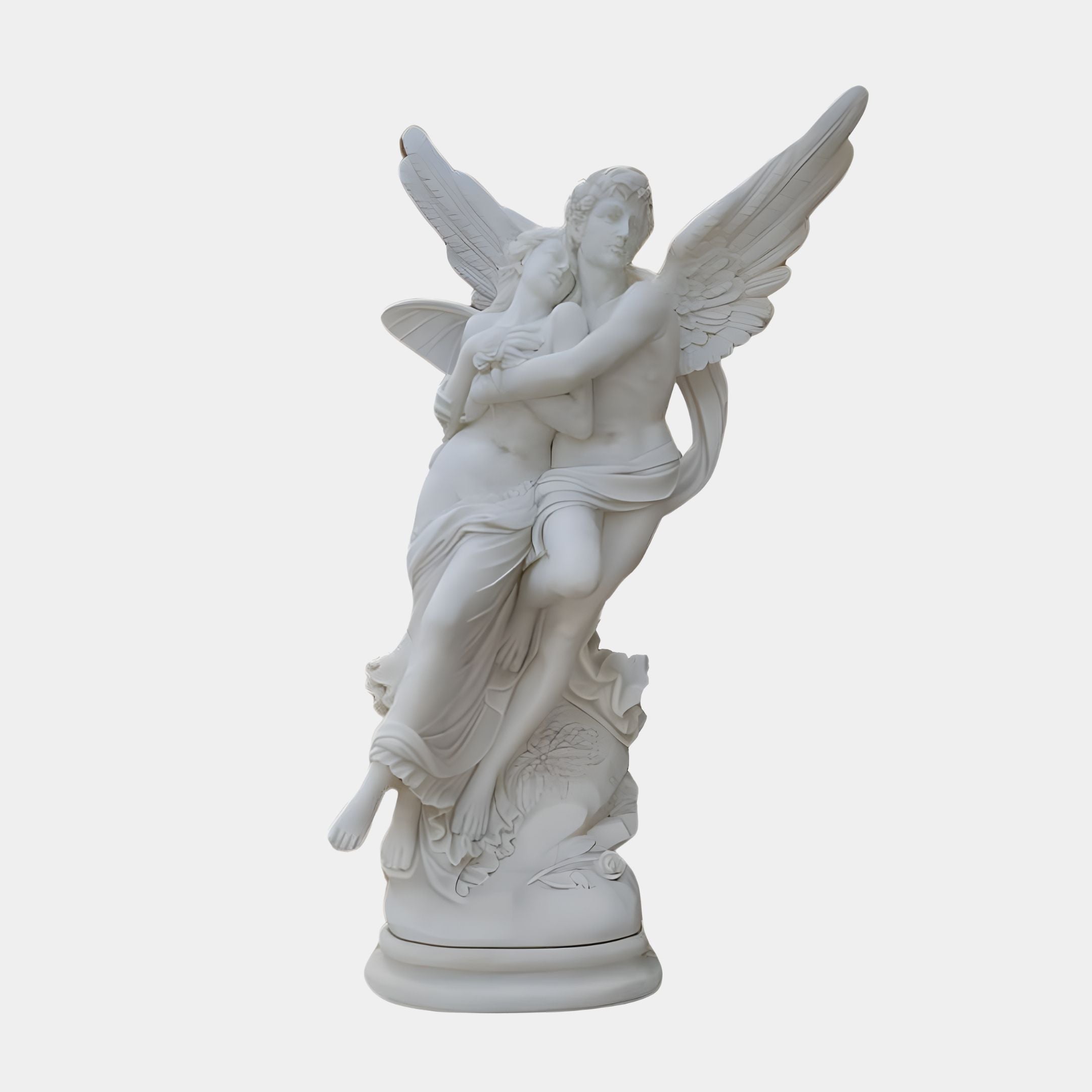 The Heavenly Lovers Marble Outdoor Sculpture by Giant Sculptures, standing at 260cm, features two intertwined celestial figures, one with wings, in an expressive embrace atop a decorative base.