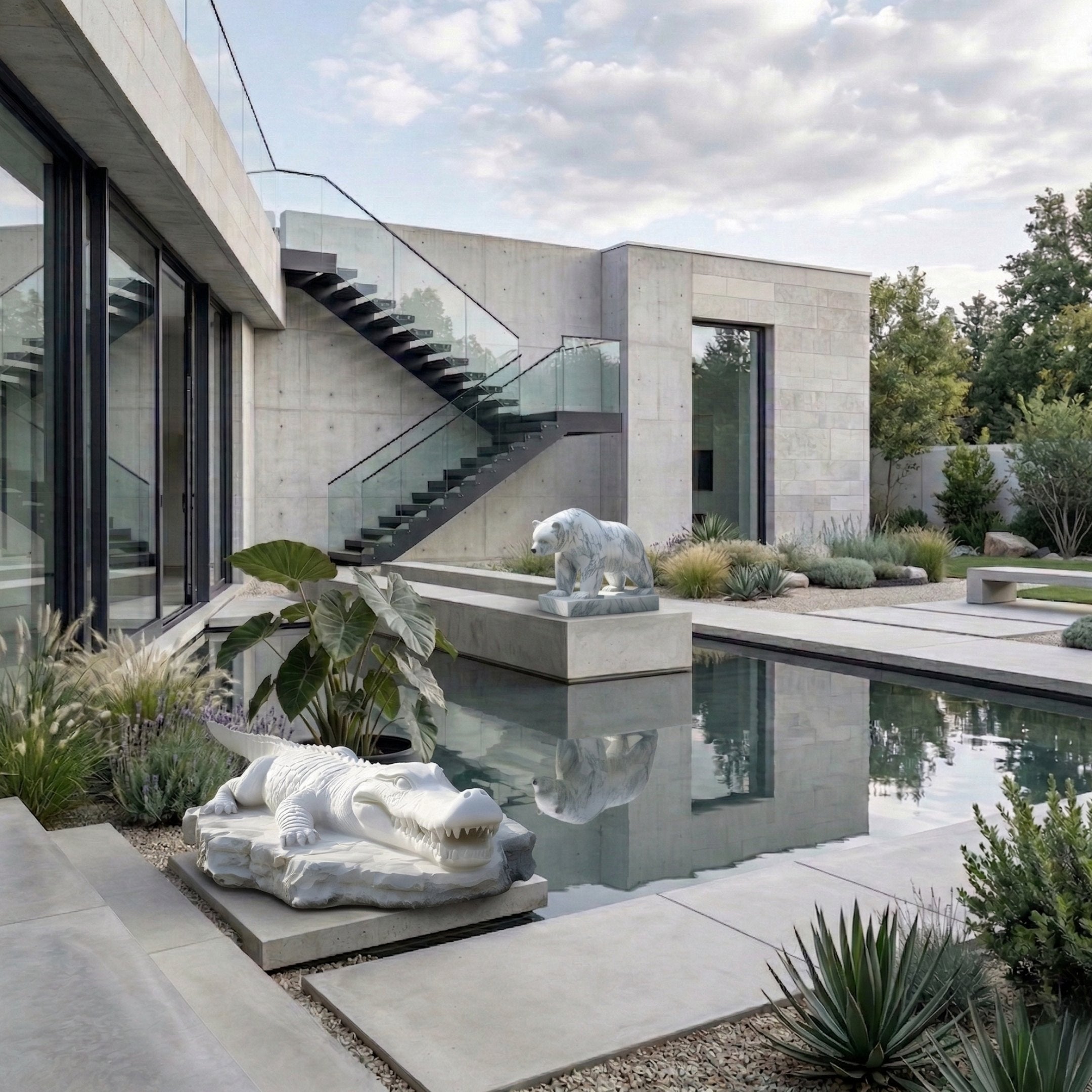 A modern house with large windows and a concrete staircase overlooks a reflective pond, featuring the Crocodile III White Marble Outdoor Sculpture (60cm) by Giant Sculptures, surrounded by desert plants and lush greenery.
