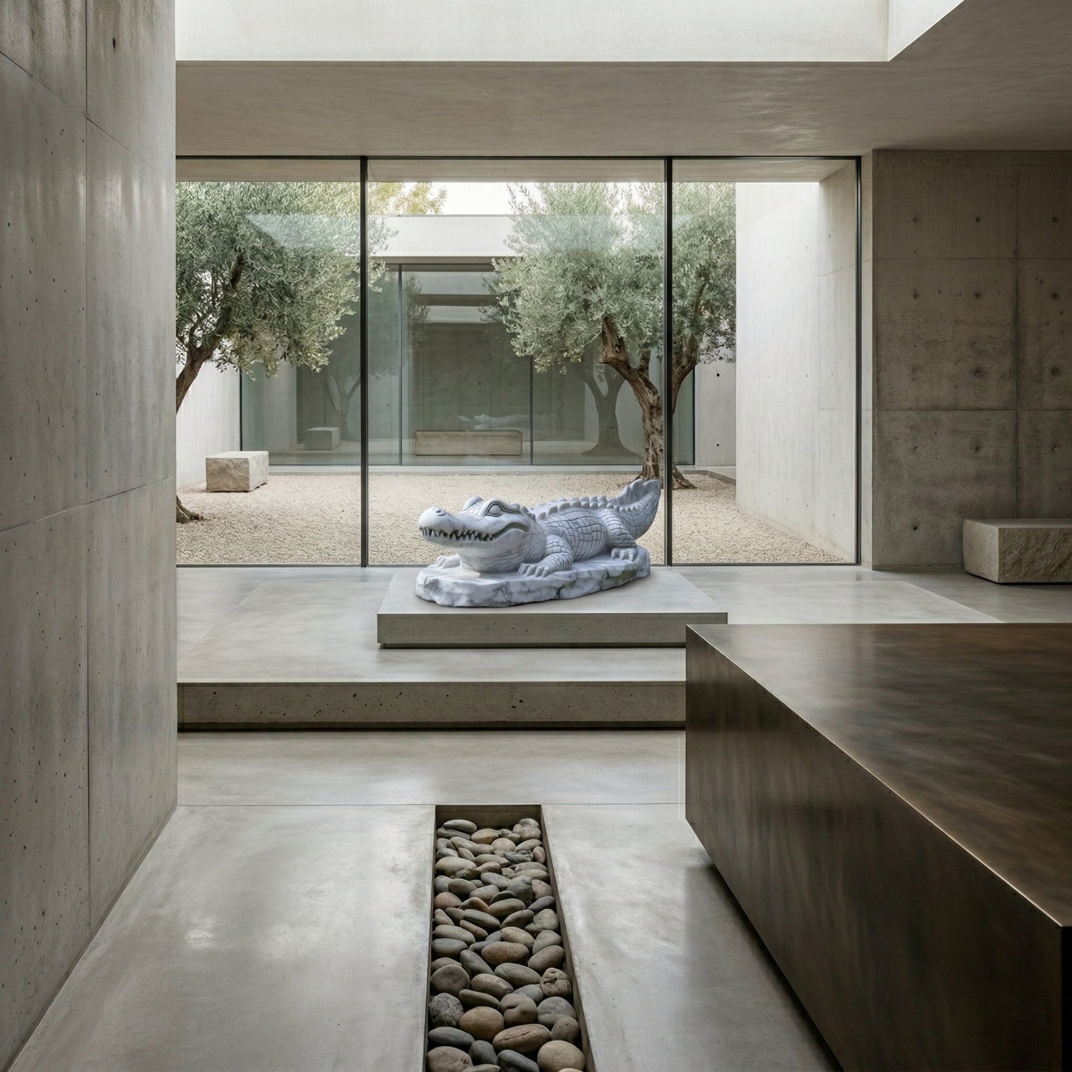 A modern minimalist room with concrete walls, large windows, and a rocky feature. An inflatable alligator pool float rests on a platform, while olive trees and the Crocodile II White Marble Outdoor Sculpture by Giant Sculptures are visible outside.