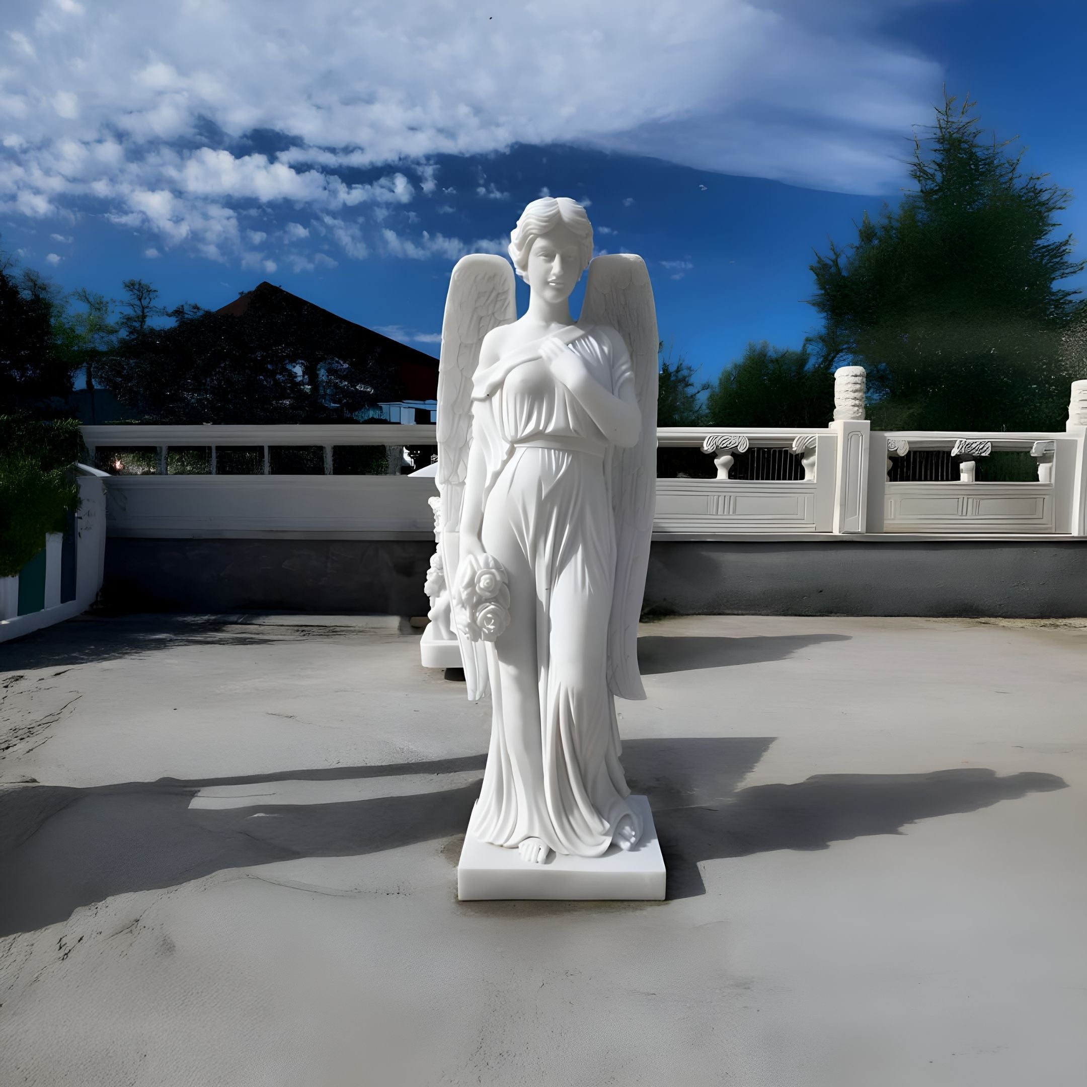 The Giant Sculptures Heartfelt Bouquet Angel Marble Outdoor Sculpture (200cm) is a white angel with wings and bouquet, hand-carved, standing on a concrete surface beneath a blue sky, set against a white fence and lush greenery.