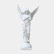 The Crowned Serenity Angel Marble Outdoor Sculpture by Giant Sculptures features a 200cm white marble angel with wings, a flowing gown, and a crown, standing gracefully with arms crossed over its chest on a pedestal against a plain light gray background.