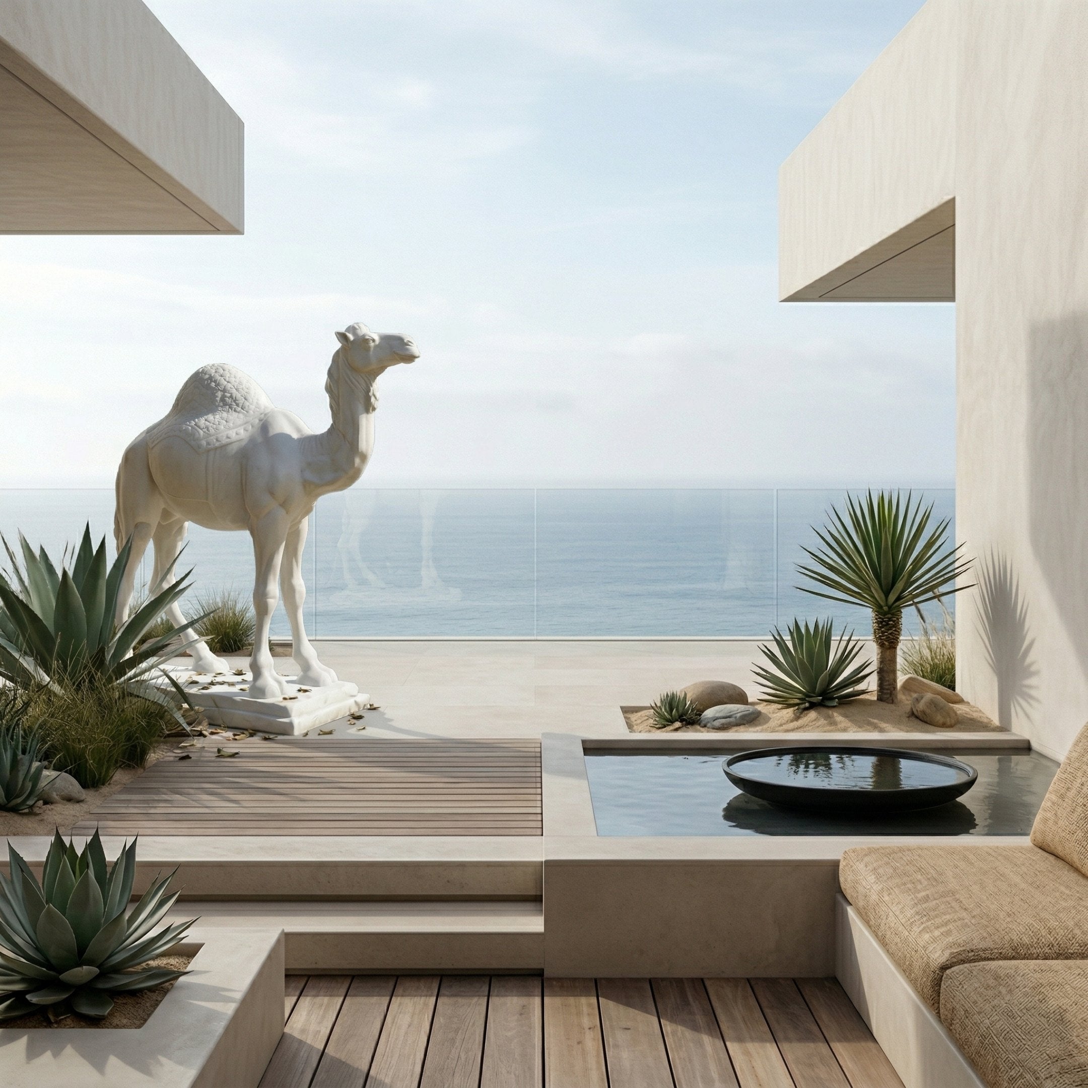 A modern terrace with the Majestic Camel White Marble Outdoor Sculpture (160cm) by Giant Sculptures, desert plants, a small pool, and beige seating forms a tranquil minimalist oasis under a clear sky.