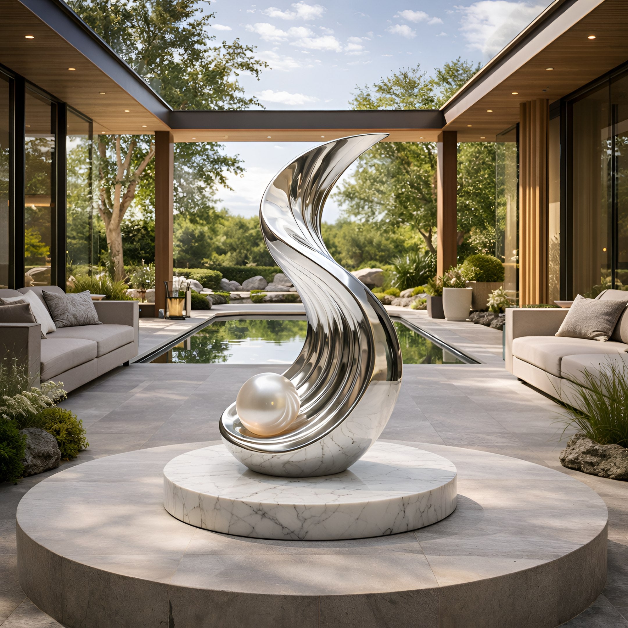 A modern outdoor courtyard is highlighted by the Crestline Silver Abstract Steel Sculpture (150/220cm) from Giant Sculptures—mirror-polished with a large pearl-like sphere on a marble base—surrounded by greenery, sofas, and a reflecting pool.
