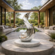 A modern outdoor courtyard is highlighted by the Crestline Silver Abstract Steel Sculpture (150/220cm) from Giant Sculptures—mirror-polished with a large pearl-like sphere on a marble base—surrounded by greenery, sofas, and a reflecting pool.