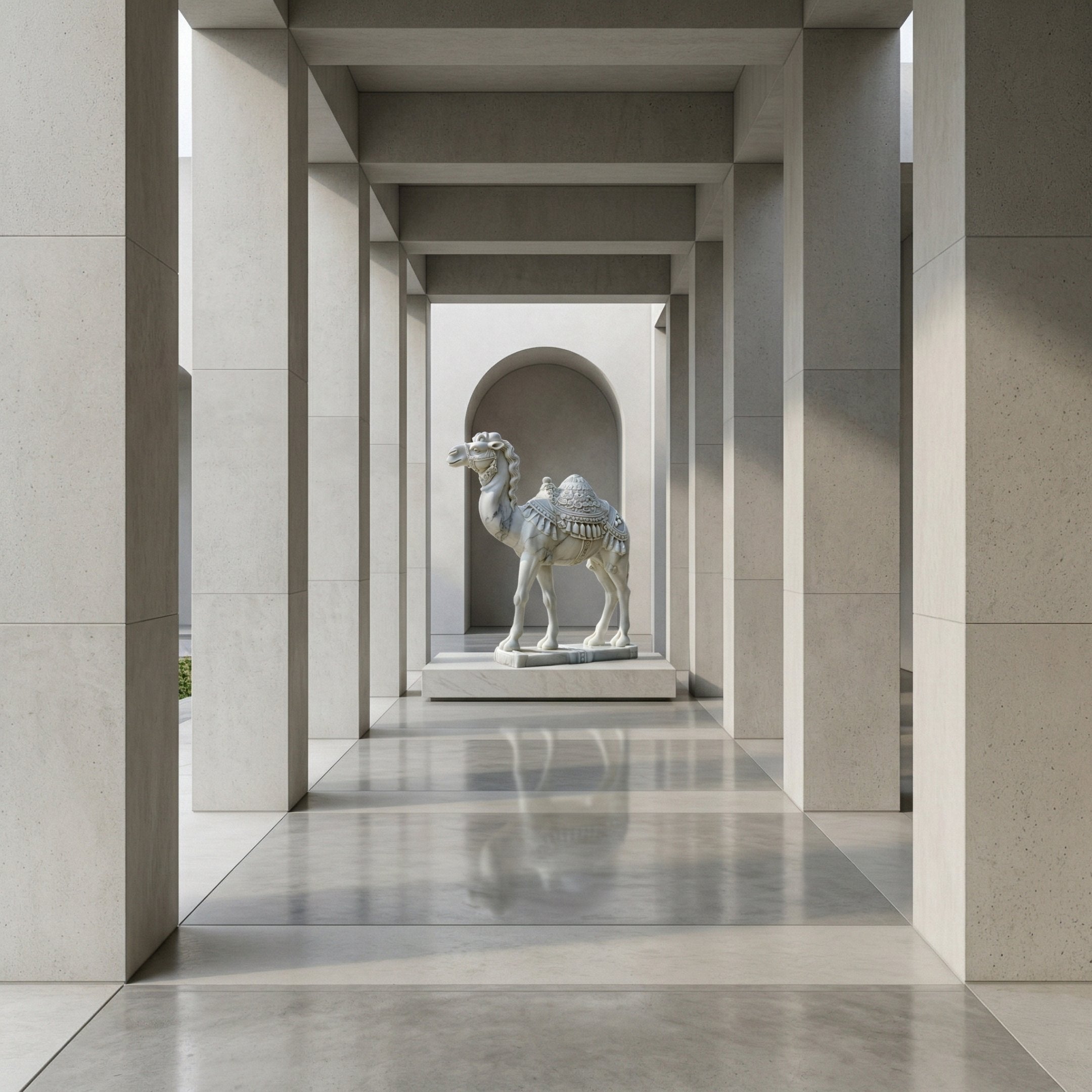 The Ornate Camel White Marble Outdoor Sculpture (160cm) by Giant Sculptures stands on a pedestal at the corridor's end, framed by tall stone columns and reflective flooring in a sleek modern architectural space.