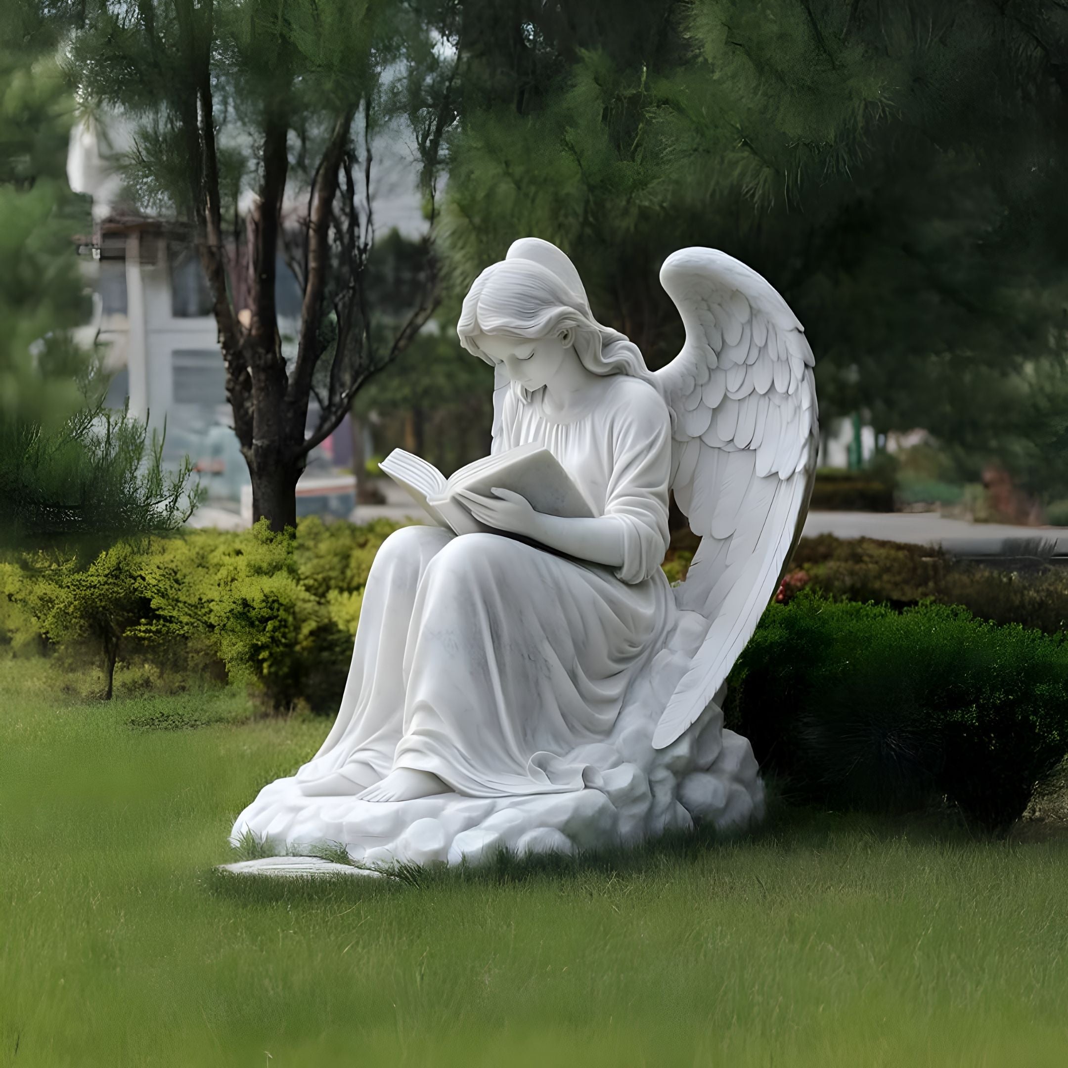 The Reflective Reading Angel Marble Outdoor Sculpture - 120cm by Giant Sculptures is a serene white marble statue, featuring an angel with wings reading a book on the grass amid green bushes and trees. Ideal for contemplative courtyards or garden memorials.