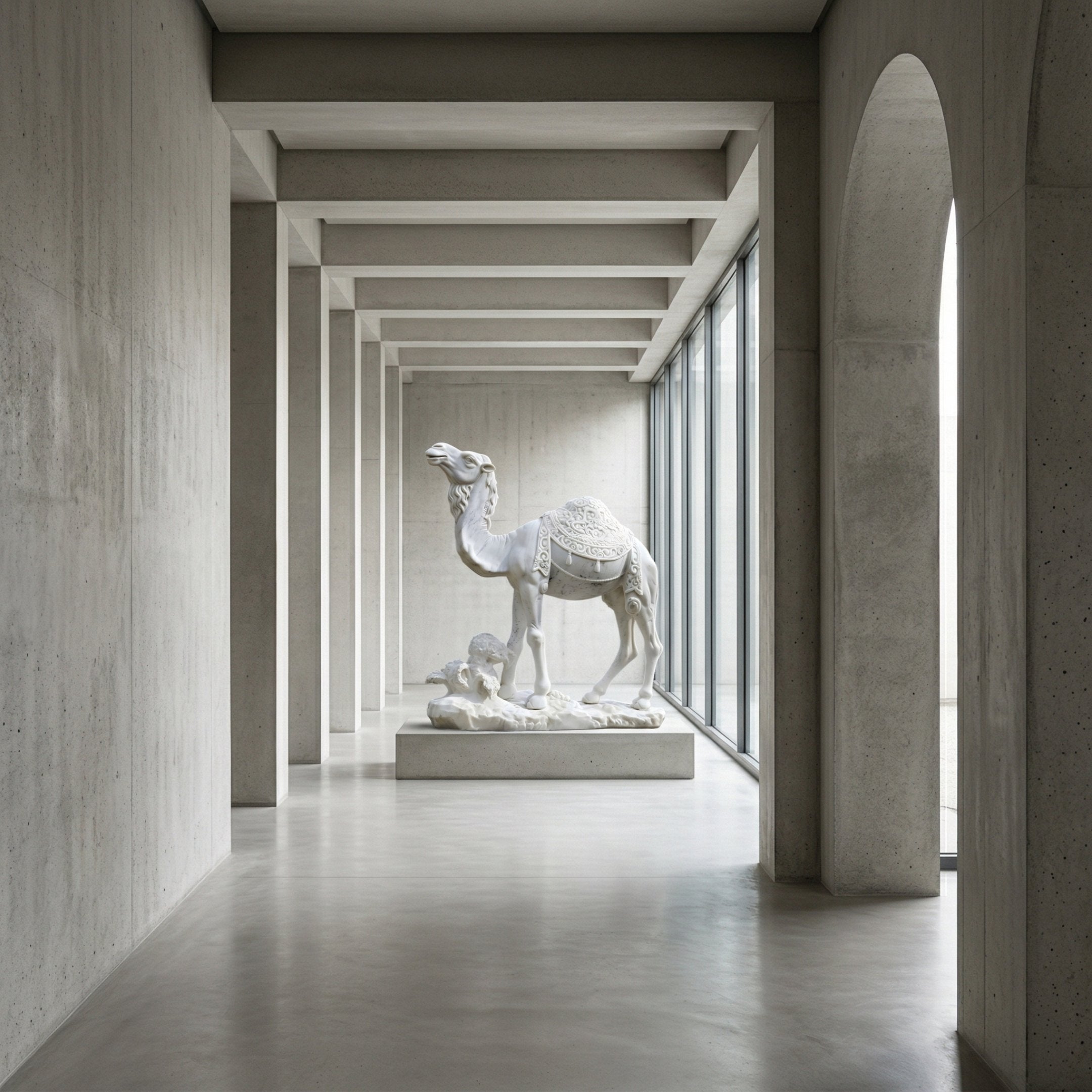 The Classic Caravan Camel Marble Outdoor Sculpture - 160cm by Giant Sculptures is showcased in a minimalist concrete hallway with large windows and high ceilings, evoking the timeless elegance of classic caravan decor.