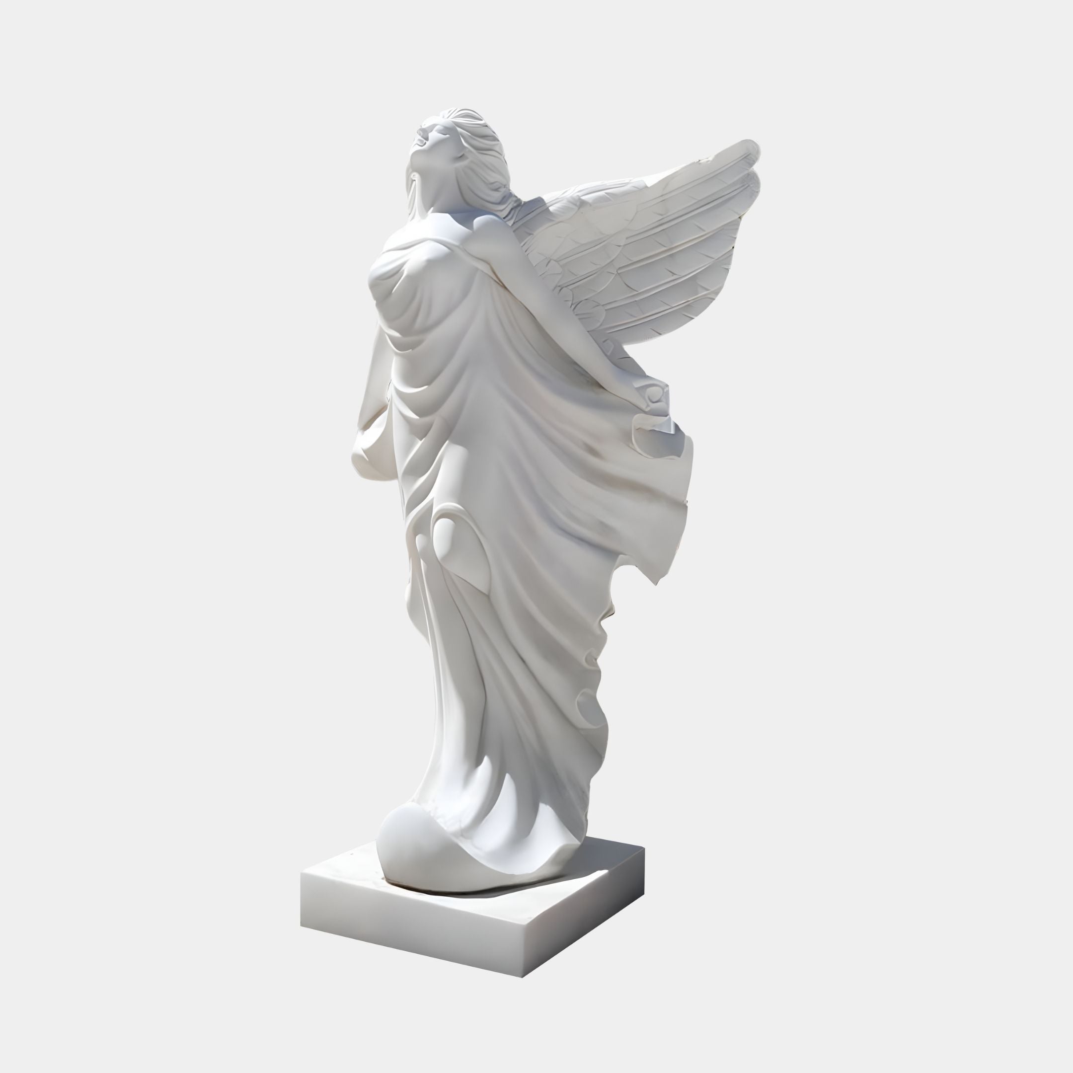 The Billowing Gown Angel Marble Outdoor Sculpture by Giant Sculptures, standing 200cm tall, features a white-winged figure on a pedestal, elegantly wrapped in a flowing gown with detailed wings, creating a dynamic pose against its serene backdrop.