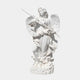 The Defender Staff Angel Marble Outdoor Sculpture by Giant Sculptures stands at 190cm, featuring a winged angel with a long staff, wavy hair cascading over its shoulders, and wearing flowing robes as it gracefully stands on a cloud, creating a serene and protective garden presence.