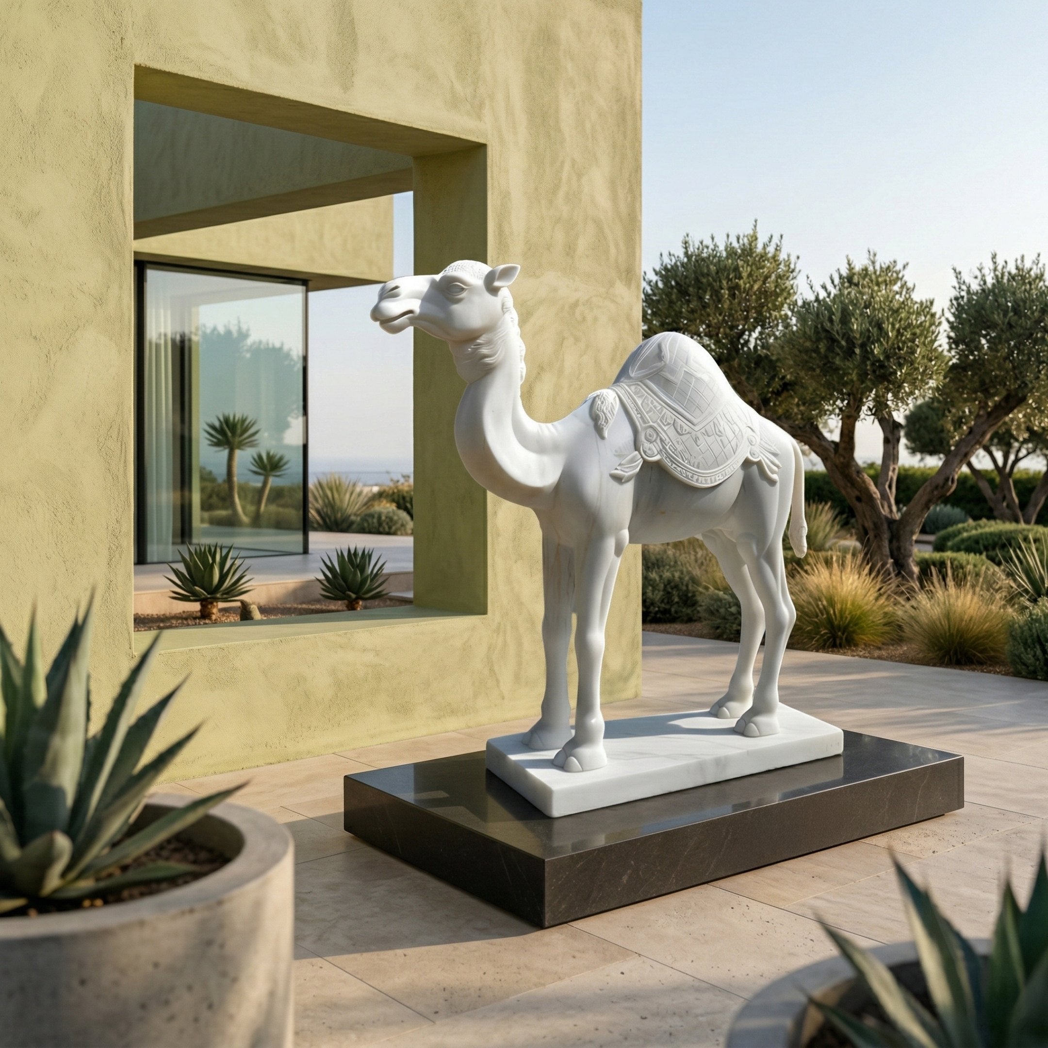 The Regal Camel White Marble Outdoor Sculpture (160cm) by Giant Sculptures features a lifelike design with a decorative saddle, ideal for outdoor or indoor decor in modern spaces with desert landscaping.