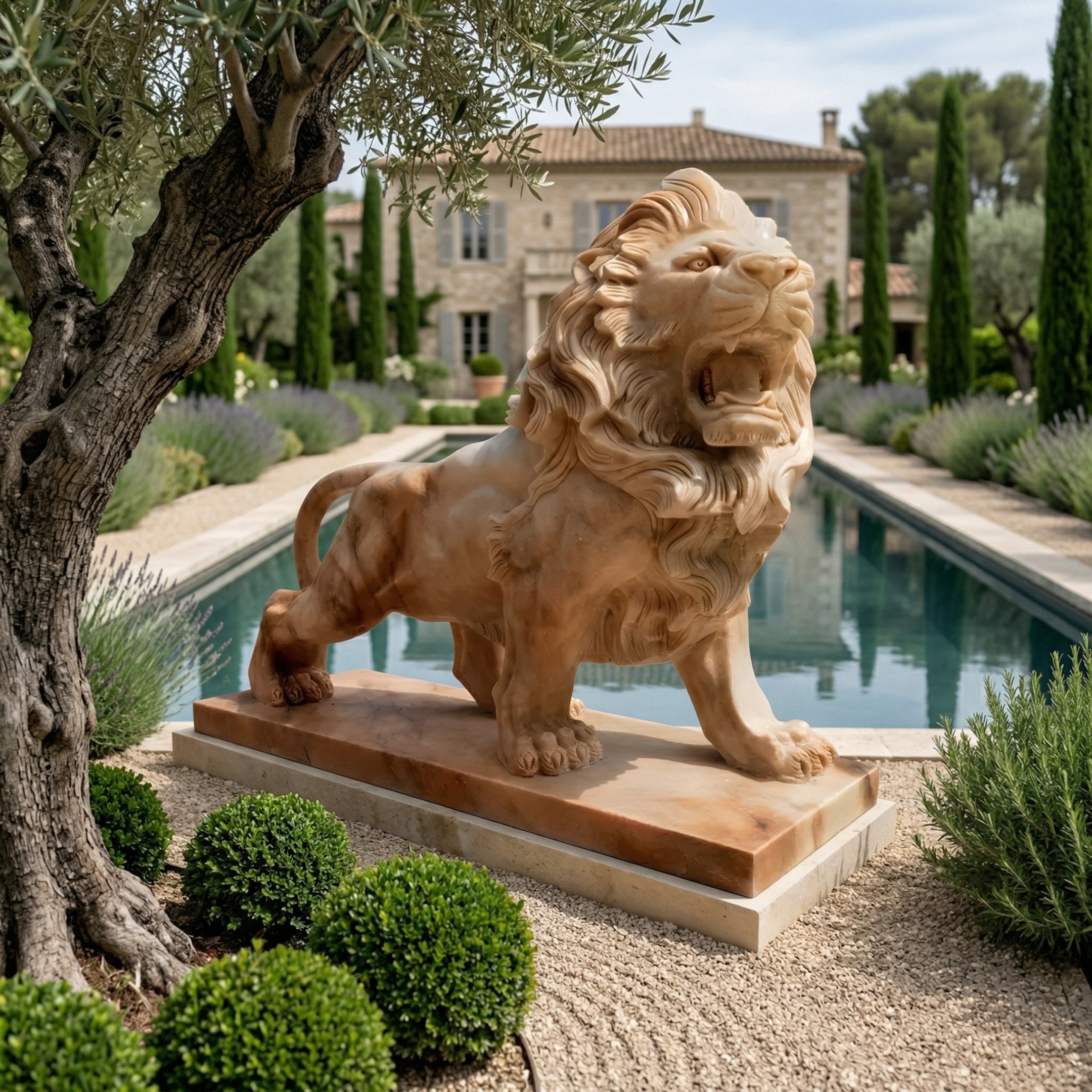 The Giant Lion II Yellow Marble Outdoor Sculpture - 240cm by Giant Sculptures stands beside a tree and trimmed bushes, overlooking a reflecting pool in an elegant garden with a grand estate—a striking luxury outdoor décor piece.
