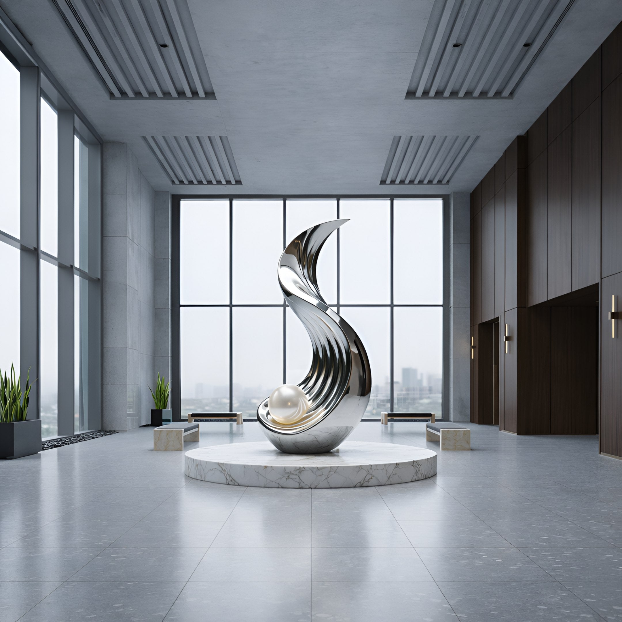 A modern lobby showcases the Crestline Silver Abstract Steel Sculpture (150/220cm) by Giant Sculptures—a contemporary piece with a central pearl-like sphere—displayed on a round marble base amid tall windows and potted plants.