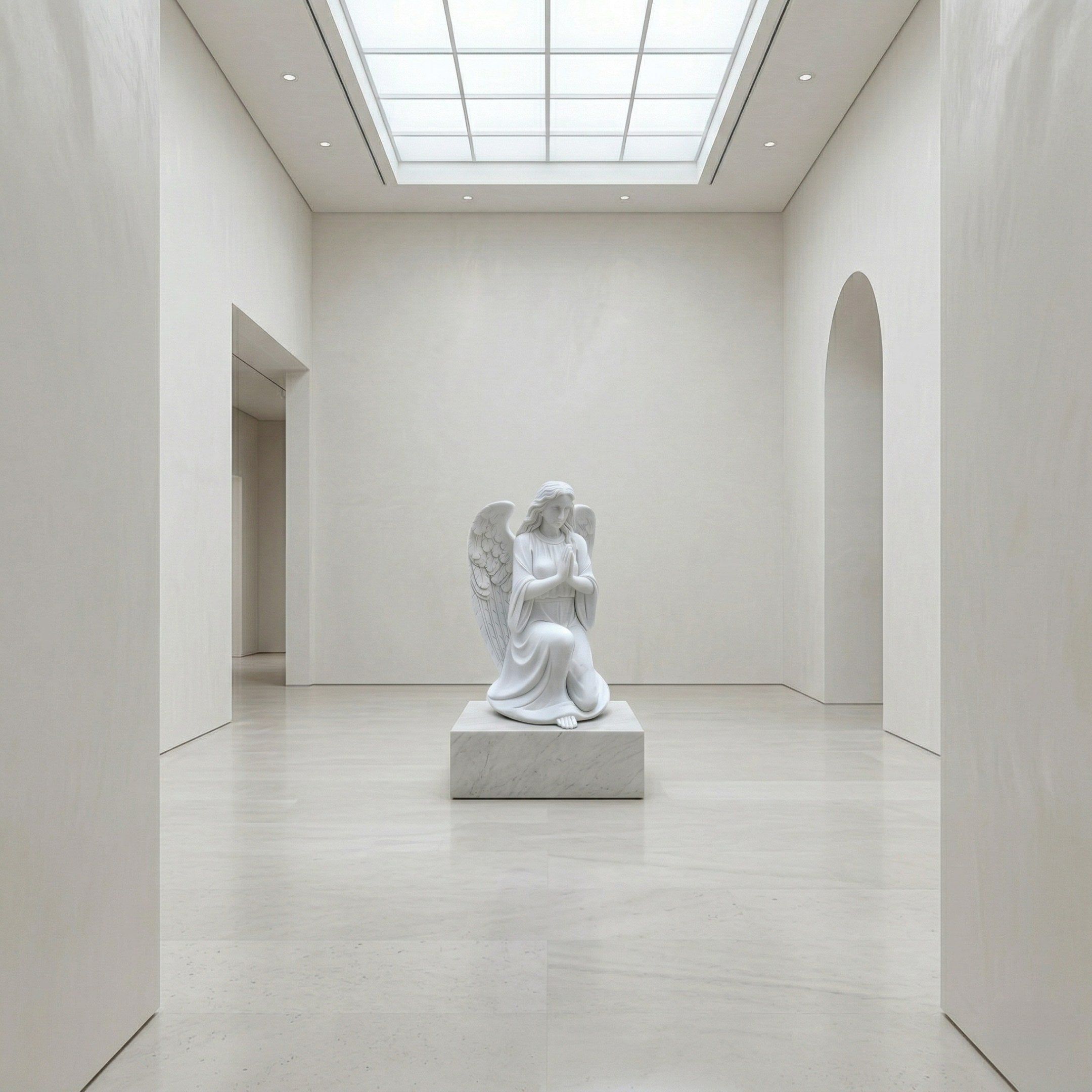 The Kneeling Serenity Angel Marble Outdoor Sculpture (150cm) by Giant Sculptures, in white marble with clasped hands, stands at the center of a minimal, light-filled gallery with pale walls and a skylight above.