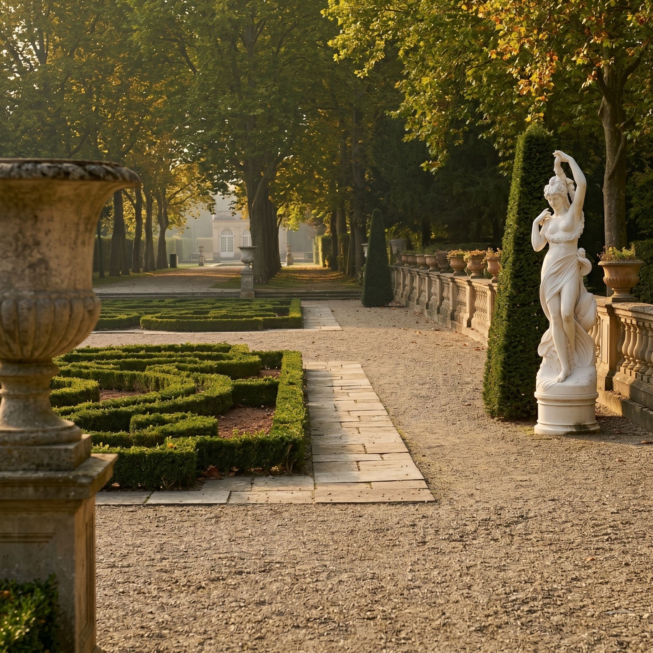 Giant Sculptures' 210cm Female Figure with Pedestal Marble Sculpture displayed beside a balustrade in a formal garden with clipped hedges and gravel paths.