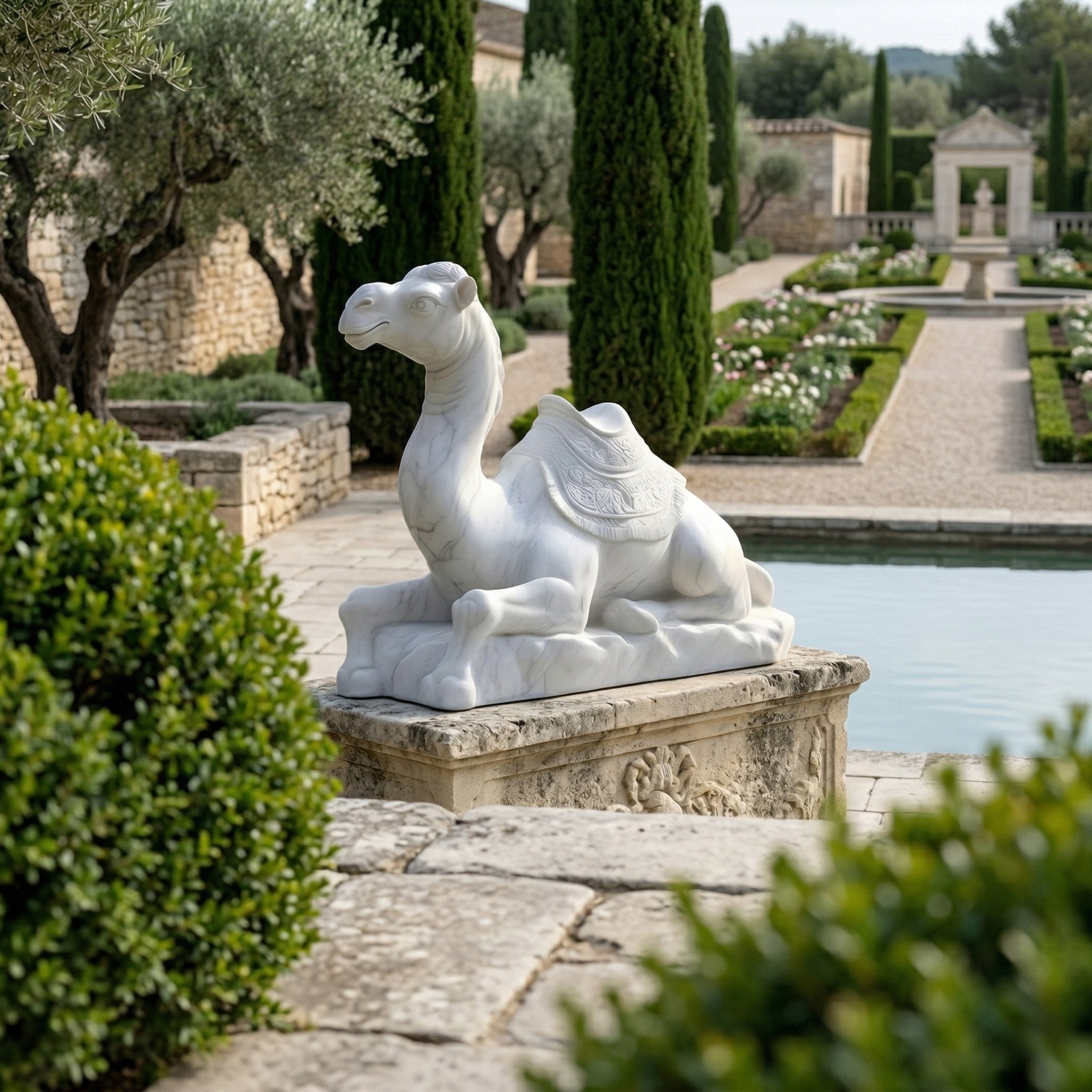 The Saddled Lying Camel Marble Outdoor Sculpture (150cm) by Giant Sculptures rests beside a reflecting pool in a formal garden with manicured bushes, stone pathways, cypress trees, and elegant stone walls.