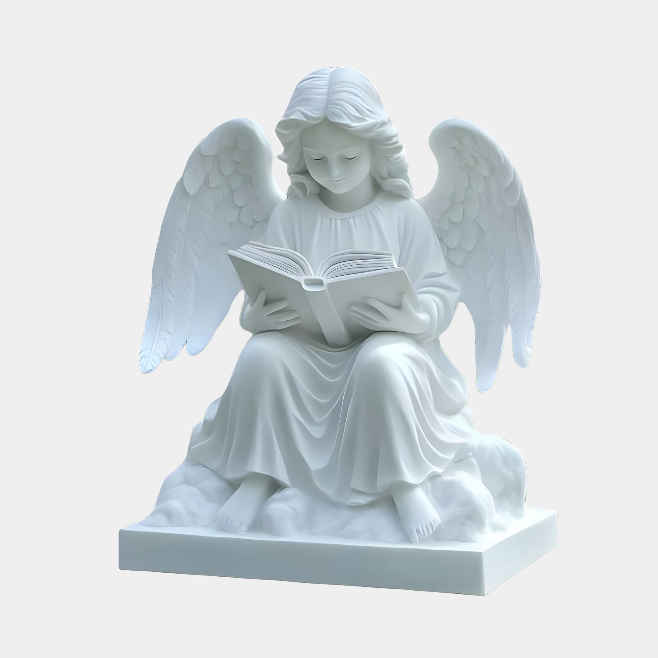 The Reading Little Angel Marble Outdoor Sculpture by Giant Sculptures features a white angel perched on a cloud with wavy hair, detailed wings, gentle facial features, and flowing robes. This masterfully crafted 80cm sculpture is an exquisite addition to any setting.