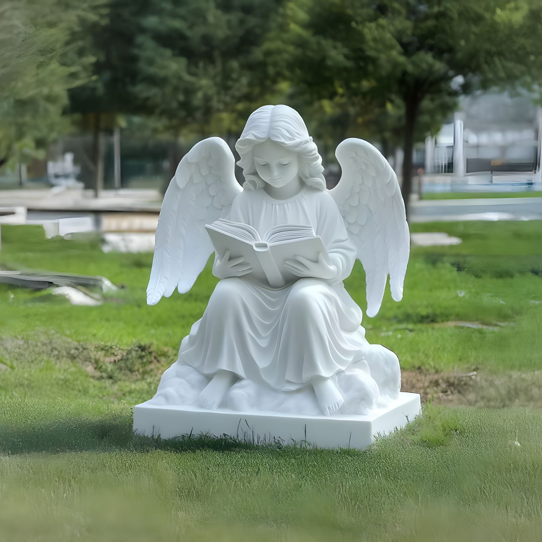 The 80cm Reading Little Angel Marble Outdoor Sculpture by Giant Sculptures sits gracefully on the grass with softly spread wings and holds an open book. Surrounded by lush greenery and towering trees, it creates a serene scene with a beautifully blurred background.