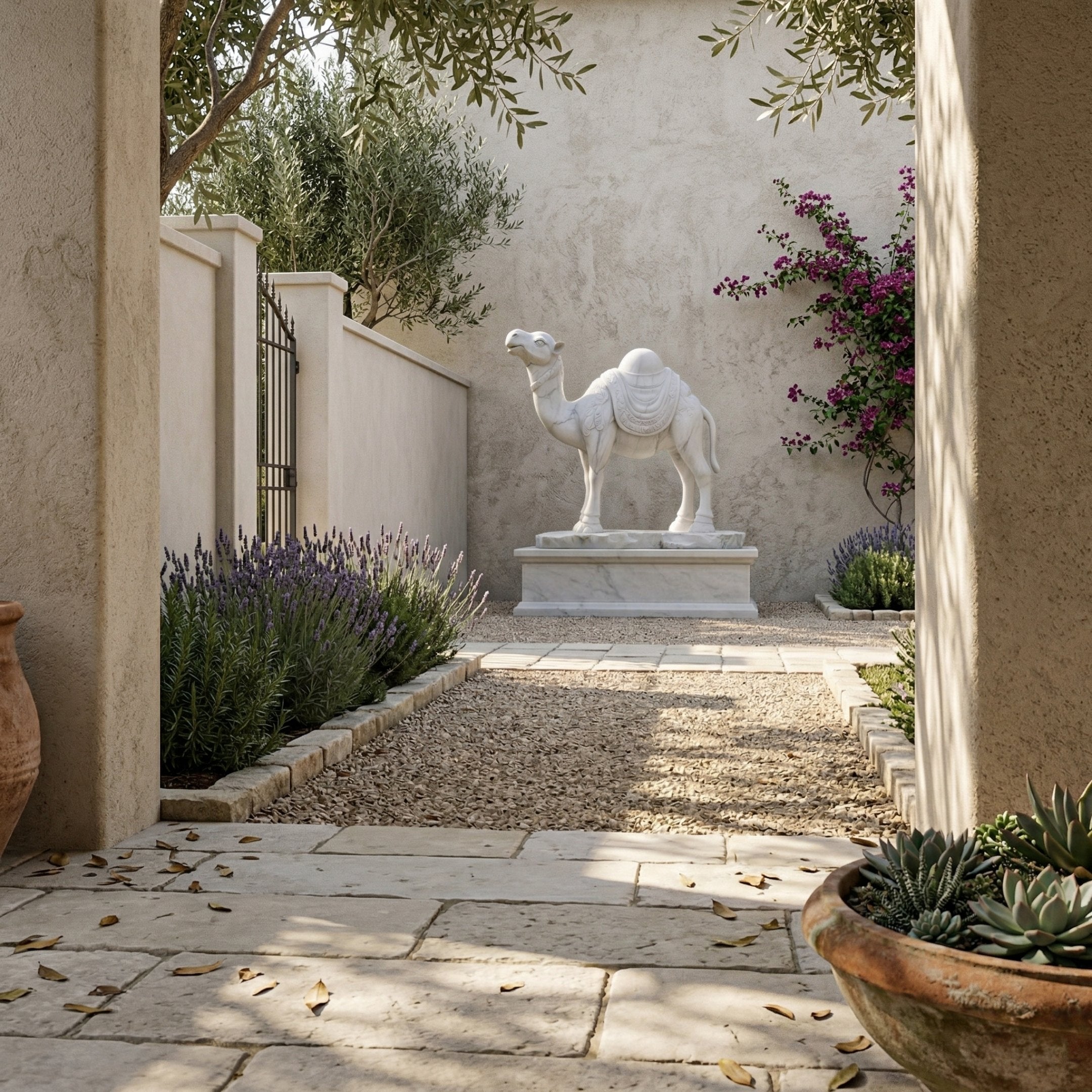 The Saddled Standing Camel Marble Outdoor Sculpture - 220cm by Giant Sculptures stands on a pedestal in a sunlit courtyard with gravel paths, stone tiles, potted plants, lavender, and a flowering vine against elegant beige walls.