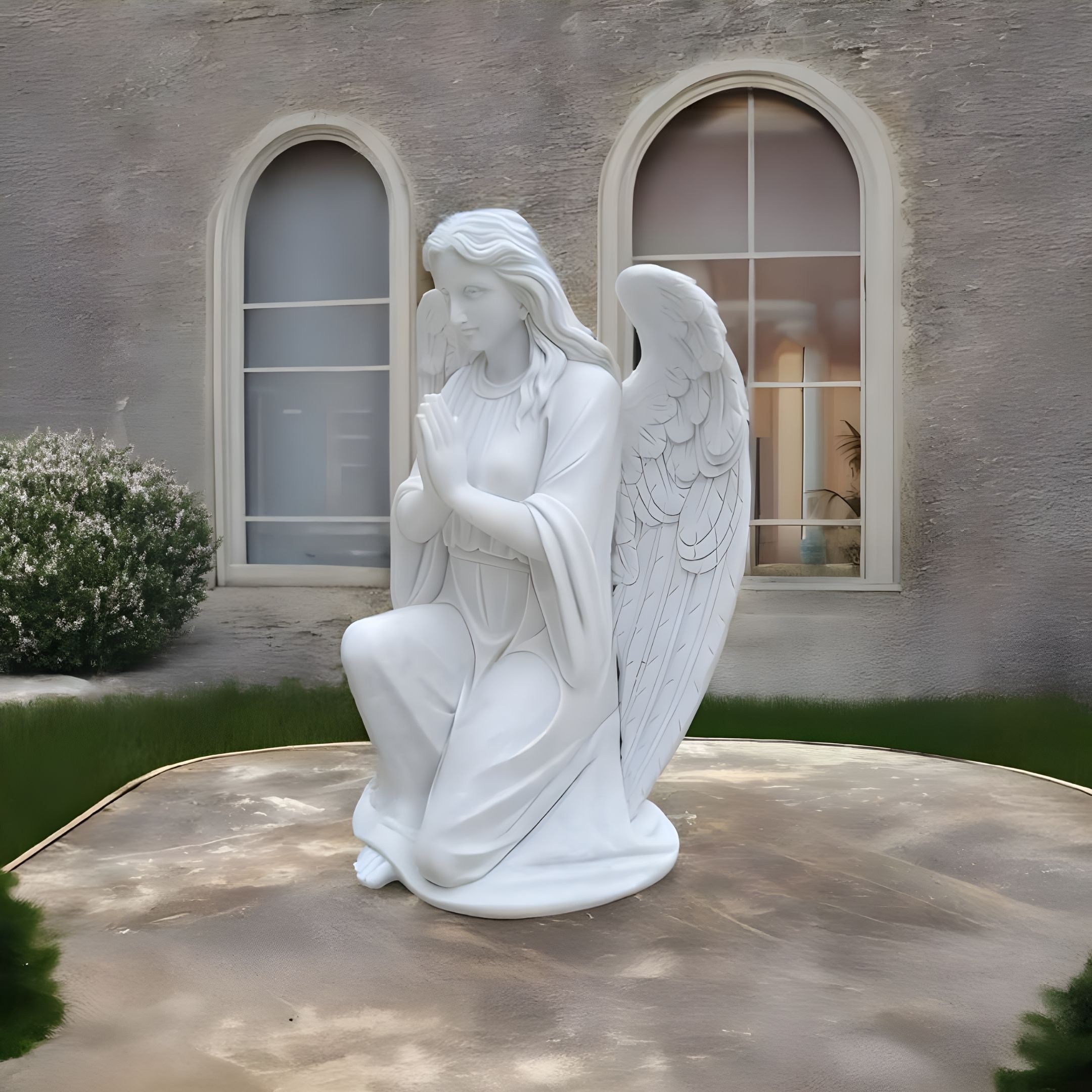 The Humble Kneeling Angel Marble Outdoor Sculpture by Giant Sculptures, standing 130 cm tall, features an angel with detailed wings on a square stone platform. It is positioned before a building with arched windows and green shrubs, creating a serene garden statue ambiance.