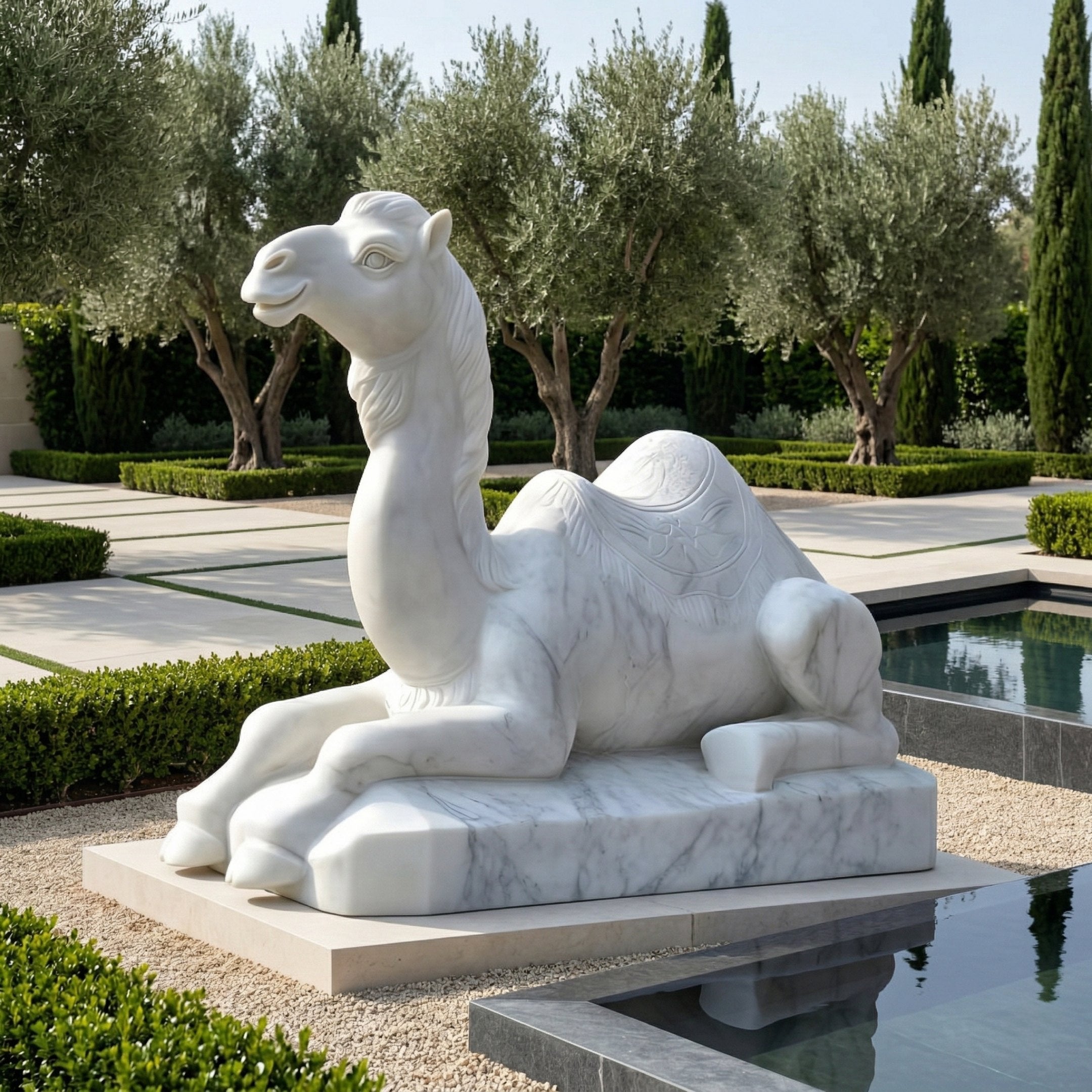 The Ornate Lying Camel Marble Outdoor Sculpture - 150cm by Giant Sculptures rests beside a reflective pond in a formal garden with trimmed hedges, gravel paths, and olive trees in the background.