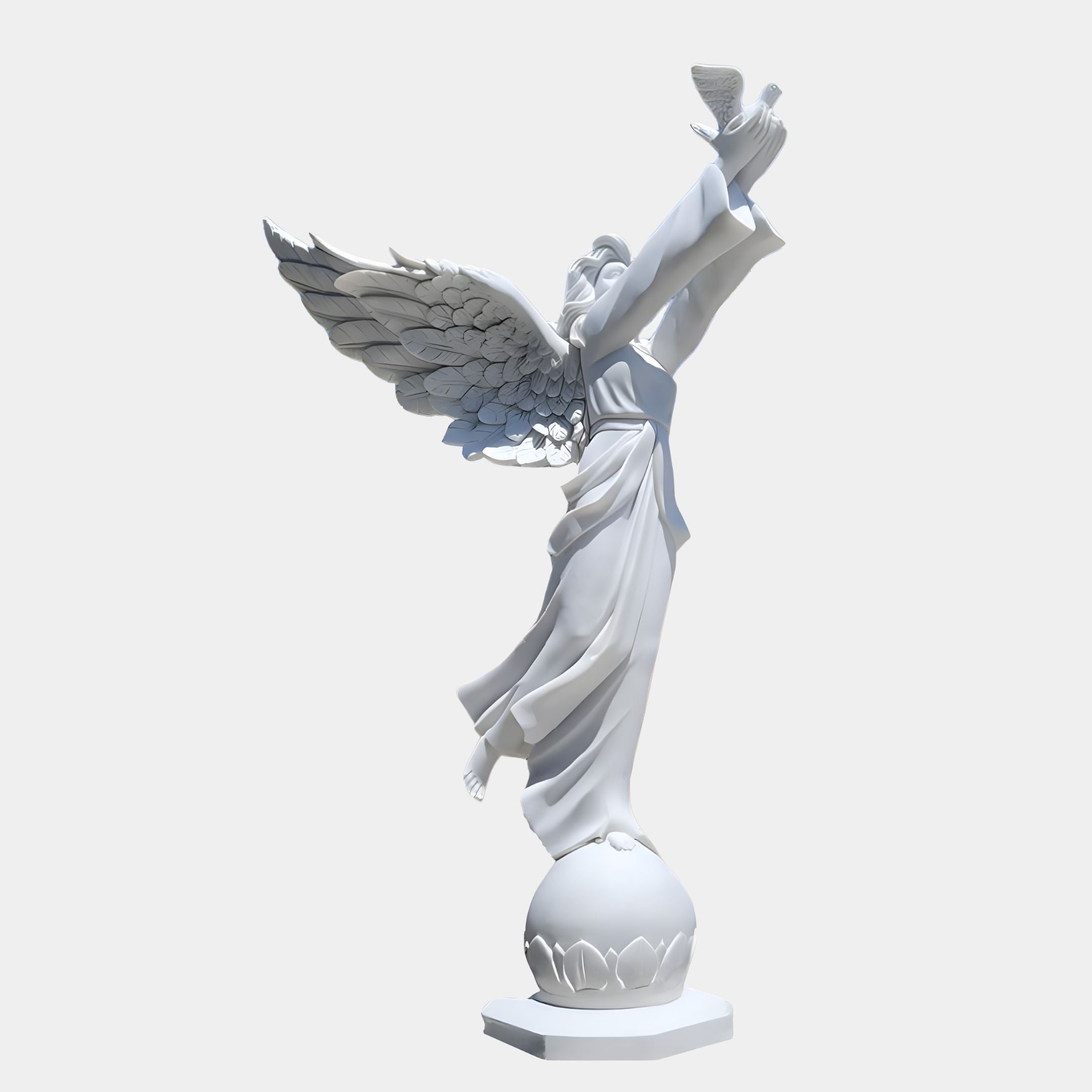 The Giant Sculptures Dove Release Peace Angel Marble Outdoor Sculpture, standing 280cm tall, depicts a white marble angel with wings and flowing robes on a round base. The angel elegantly raises its right arm to release a bird, adding grace and movement to any outdoor collection.