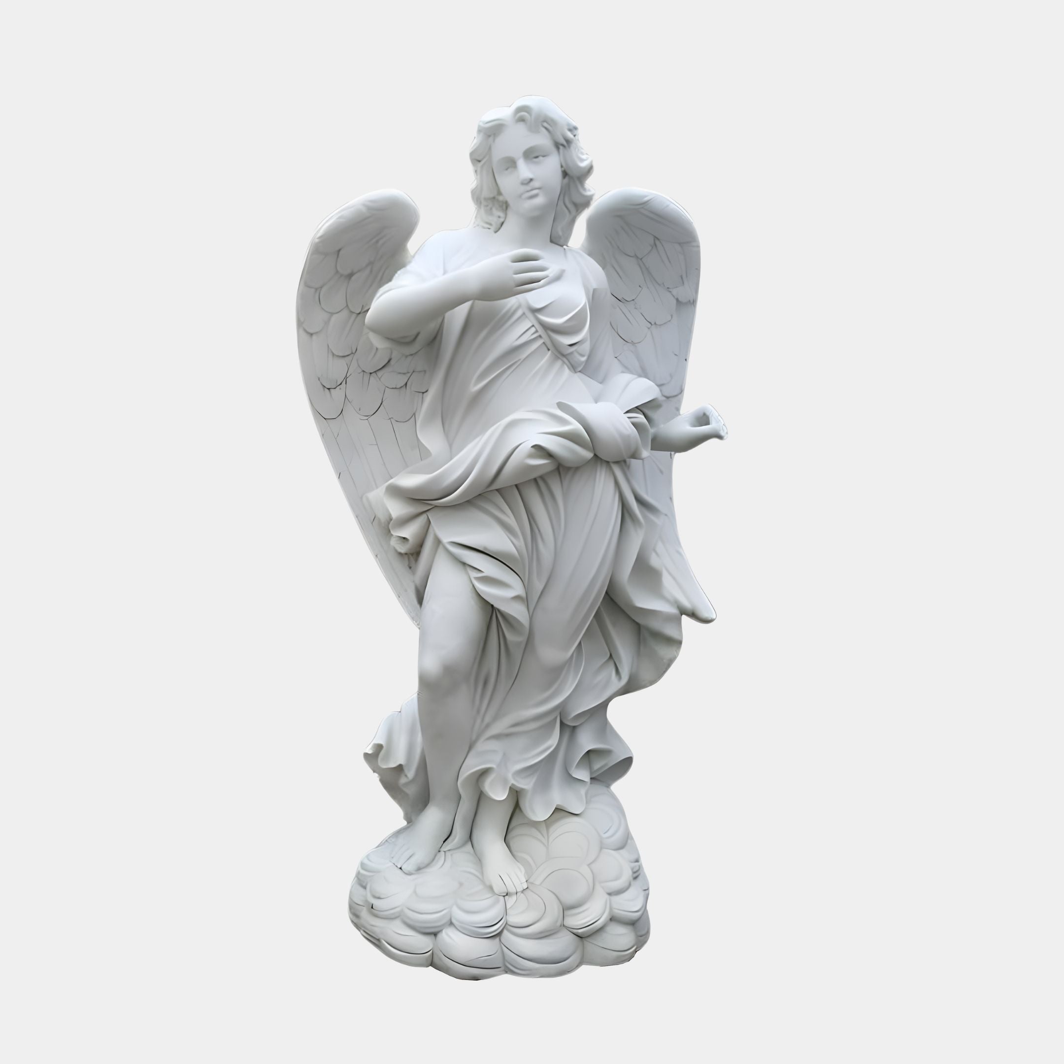 The Cloud-Swirl Angel Marble Outdoor Sculpture by Giant Sculptures, standing 190cm tall on a cloud-like base, features a white marble angel with large wings and flowing robes, one hand on its chest and the other extended outward. It exudes grace and serenity as a stunning garden centerpiece.