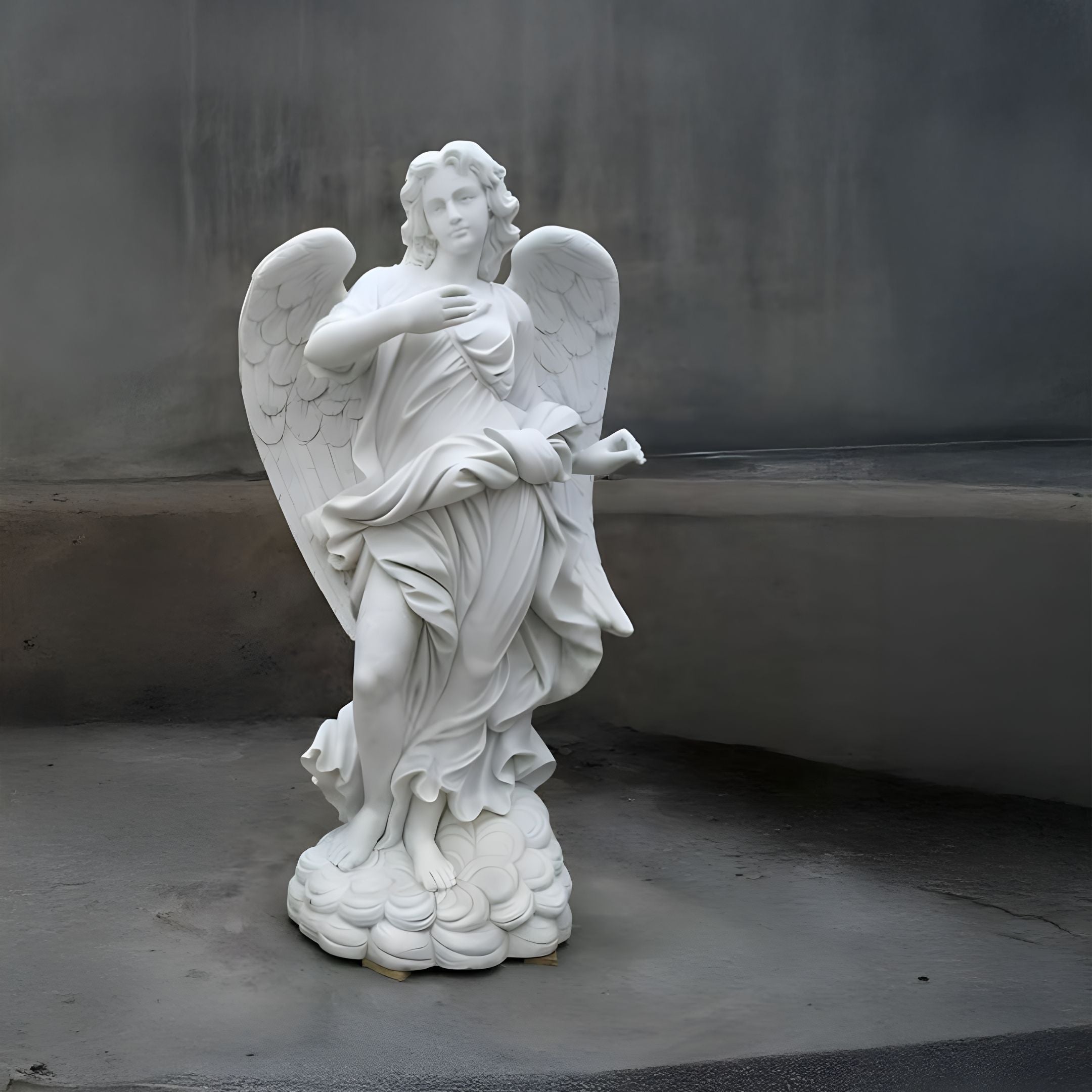 This Cloud-Swirl Angel Marble Outdoor Sculpture from Giant Sculptures is 190cm tall, with an elegant marble angel statue featuring detailed wings and flowing robes. It stands gracefully on a pedestal with its hand on its chest, holding a scroll against a plain gray backdrop, perfect for garden centerpiece.