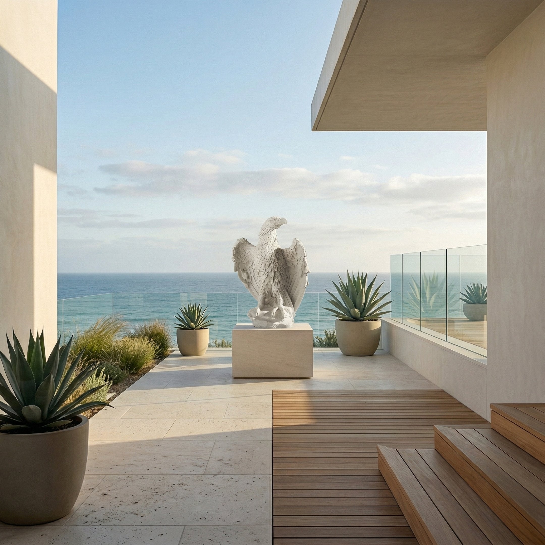 A modern terrace with potted plants, wooden steps, and a Giant Sculptures Majestic Eagle Marble Outdoor Sculpture - 120cm overlooks the ocean. Glass railings line the edge, enhancing the open and serene atmosphere beneath a partly cloudy sky.