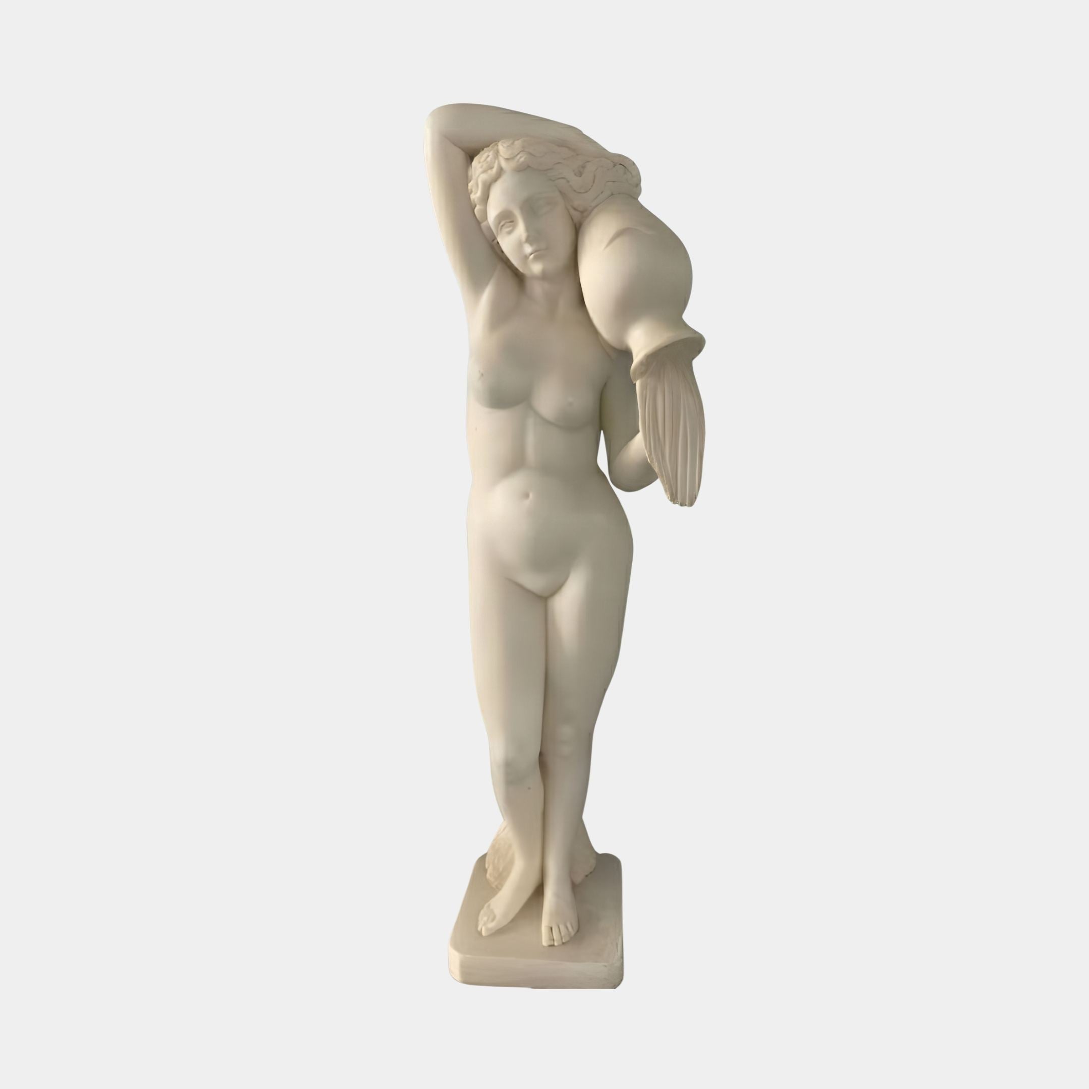 Standing Draped Woman Marble Sculpture by Giant Sculptures, 160cm nude female figure holding an urn on her shoulder, shown on a plain light background.