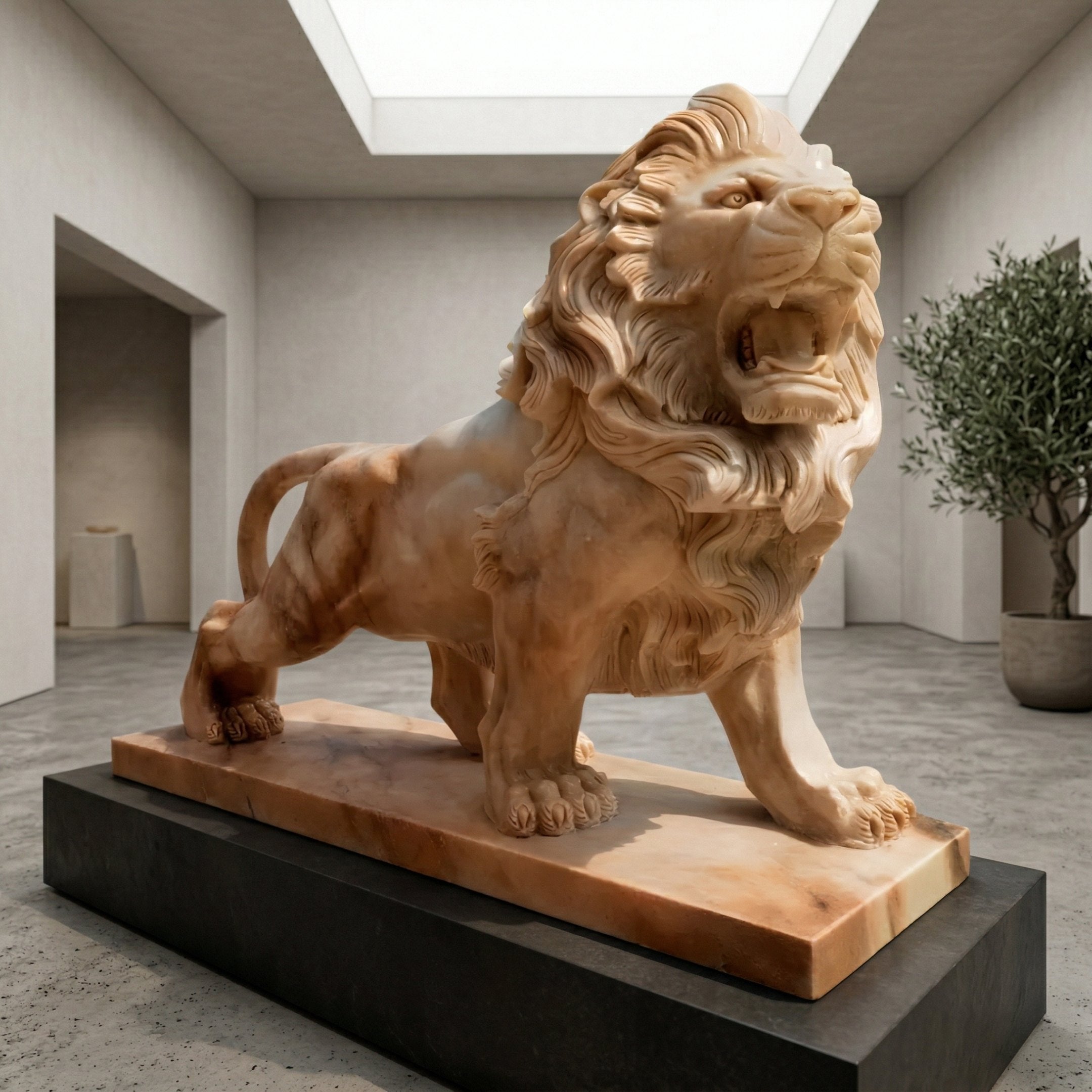 The Giant Lion II Yellow Marble Outdoor Sculpture - 240cm by Giant Sculptures stands on a rectangular pedestal in a modern gallery, its detailed mane and open mouth perfect for luxury outdoor décor.