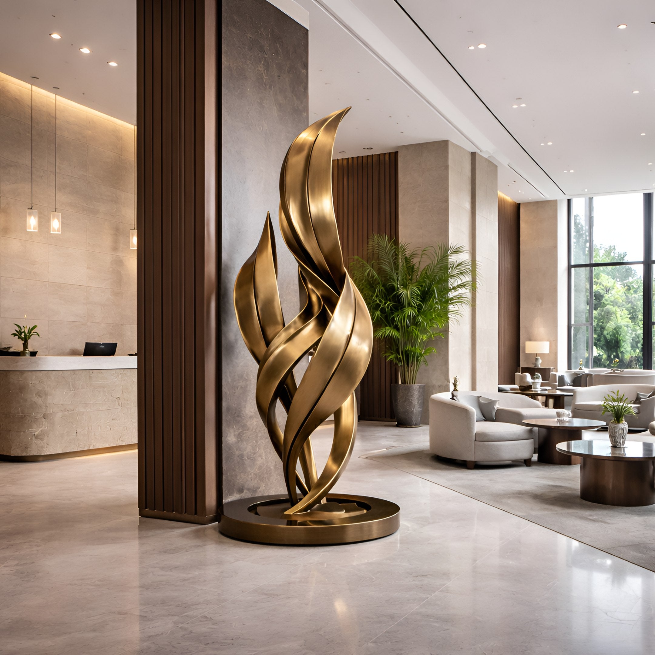 The Ignite Bronze Abstract Steel Sculpture - 220cm by Giant Sculptures stands in the center of a modern hotel lobby with marble floors, neutral walls, tall windows, and contemporary furniture.
