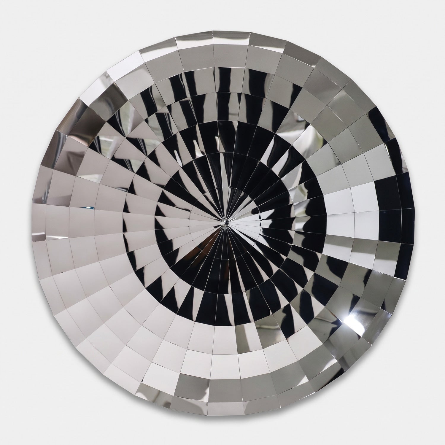 Silver Faceted Mirror Disc Stainless Steel Sculpture, 150cm, with a radiating geometric pattern in polished silver and black tones, shown against a plain white background.