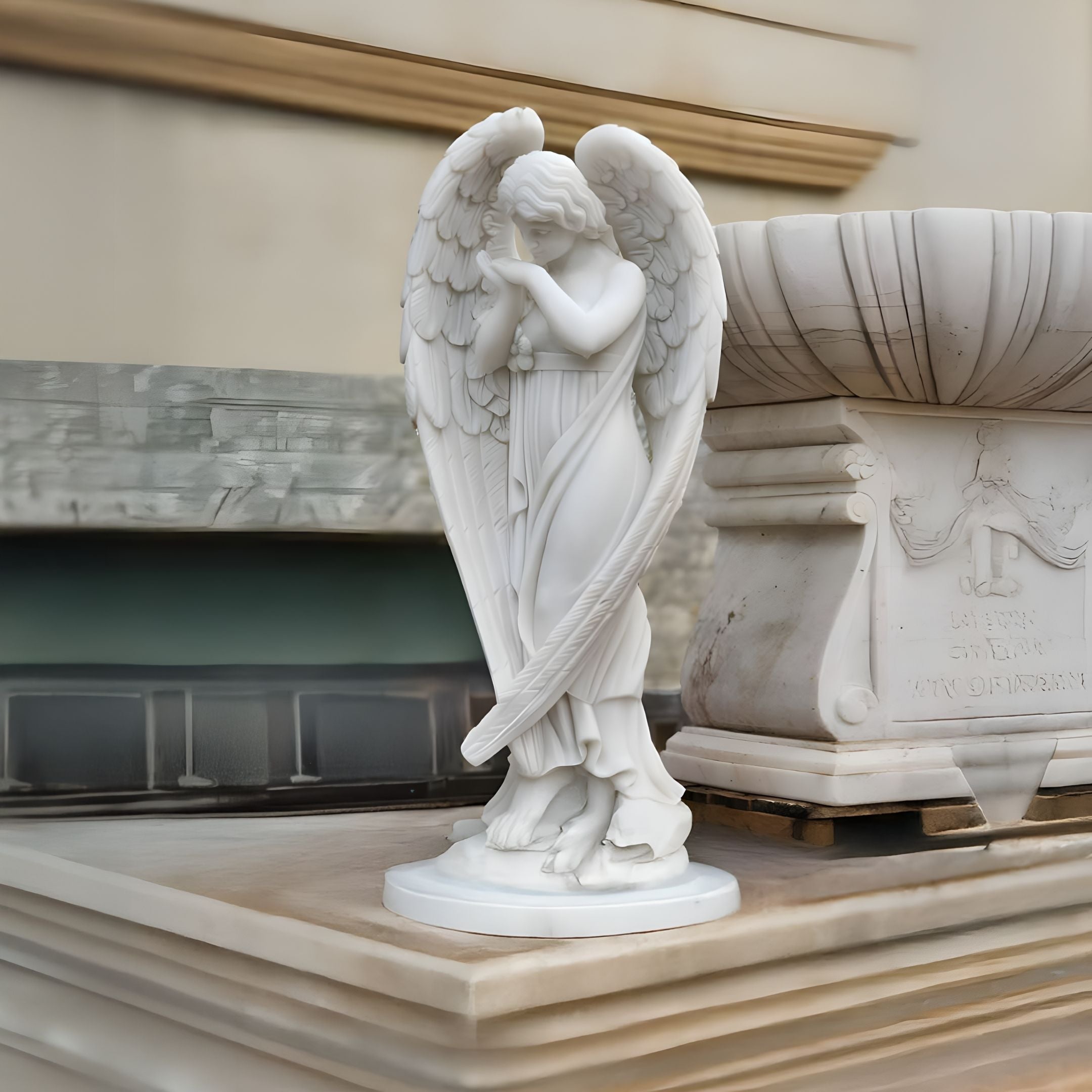 The Whispering Wings Angel Marble Outdoor Sculpture by Giant Sculptures is 80cm tall and features a white angel with folded wings and a bowed head, hand to its cheek, standing beside a square marble object. It transforms spaces into tranquil areas that evoke peace and contemplation.