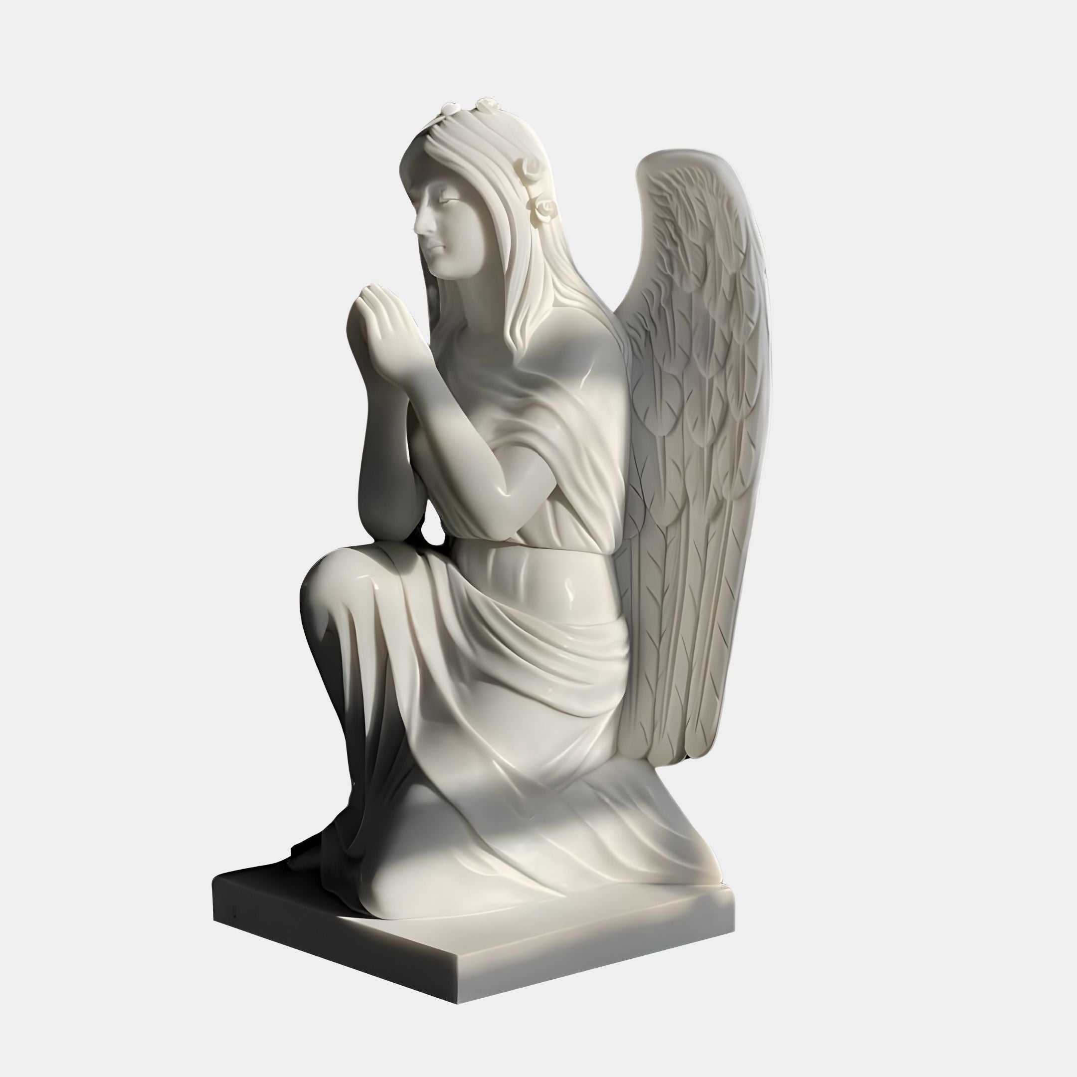 The 180cm Crowned Prayer Angel Marble Outdoor Sculpture by Giant Sculptures features a kneeling angel with detailed wings on a square base, long hair, and clasped hands in prayer. This striking outdoor piece is beautifully adorned in a flowing robe.