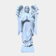 The Prayerful Laurel Angel Marble Outdoor Sculpture - 130cm by Giant Sculptures showcases a white marble angel with outstretched wings and detailed feathers. Its long robes drape elegantly as its hands meet in prayer, standing on a rectangular base against a plain backdrop.