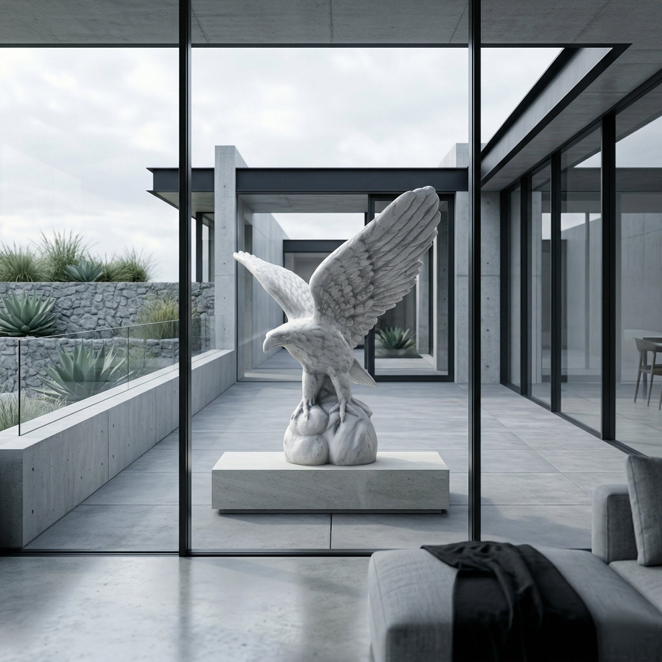 A modern interior with glass walls displays the Guardian Wings Eagle Marble Outdoor Sculpture - 120cm by Giant Sculptures, its white marble wings spread atop a pedestal in a gray hallway. Desert plants and stone walls frame this luxury garden piece outdoors.