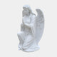 The Serene Kneeling Angel Marble Outdoor Sculpture by Giant Sculptures is a 130cm memorial statue featuring an angel with long hair and large wings, kneeling in prayer against a plain, light background.