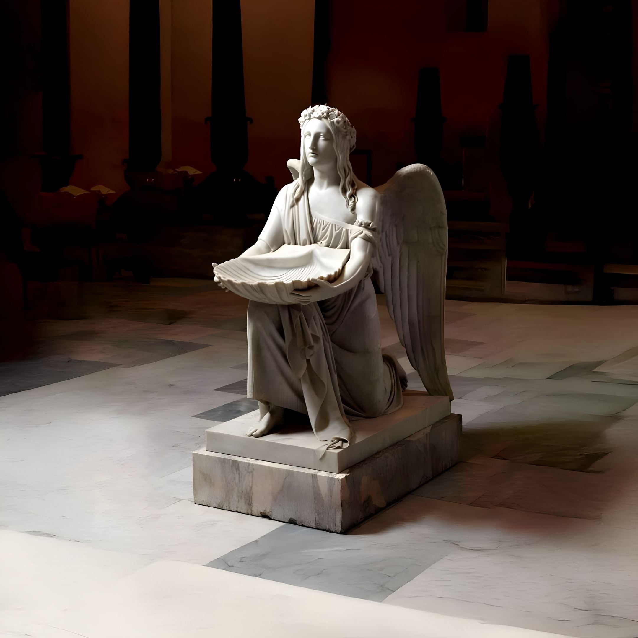 The Shell Offering Angel Marble Outdoor Sculpture by Giant Sculptures, standing 150cm tall, enhances a dimly lit space. It features a white marble angel on a pedestal, with flowing gown and majestically spread wings cradling a shell-like object.