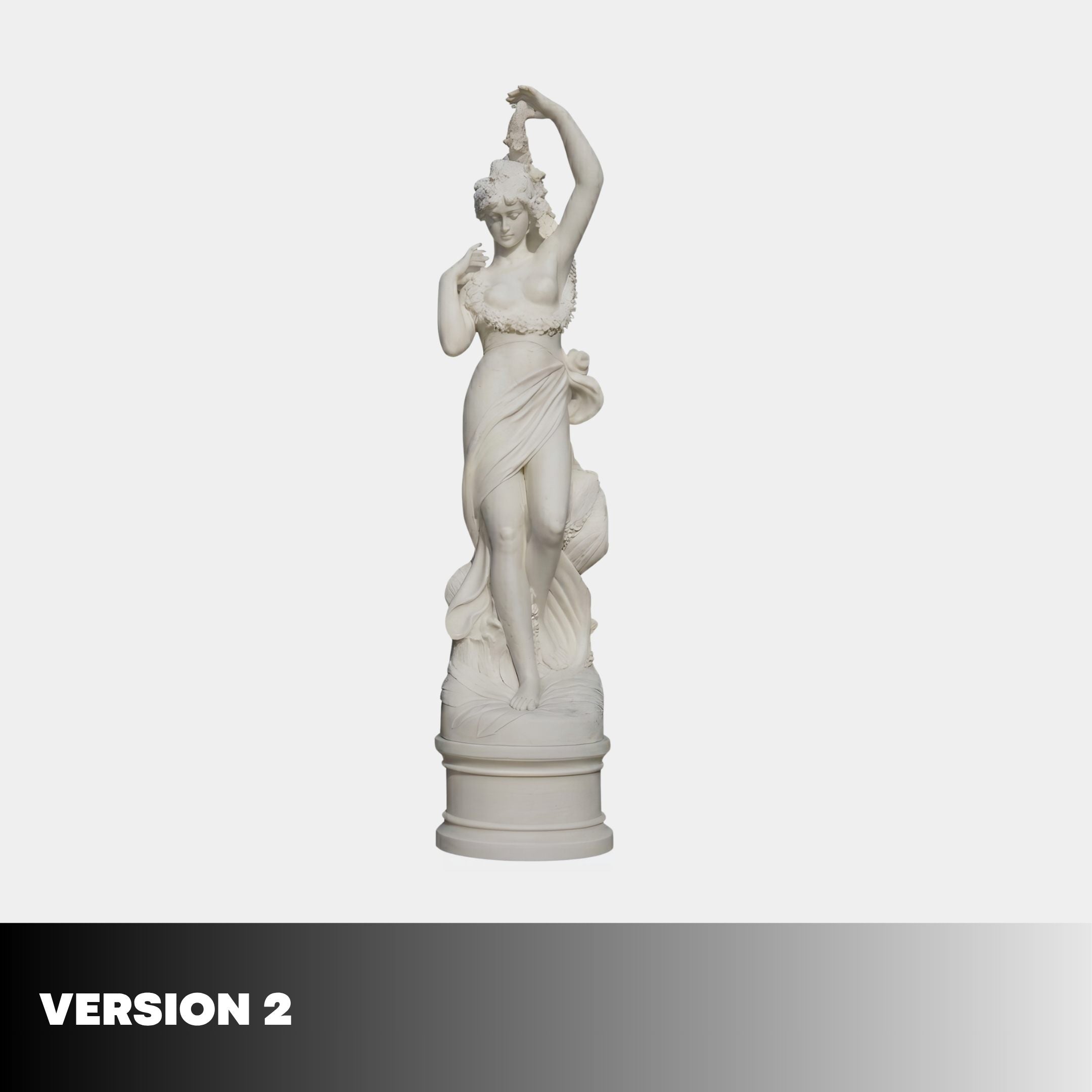 Female Figure with Pedestal Marble Sculpture 210cm by Giant Sculptures, version 2 with raised arm and draped robe on a round pedestal, plain background.
