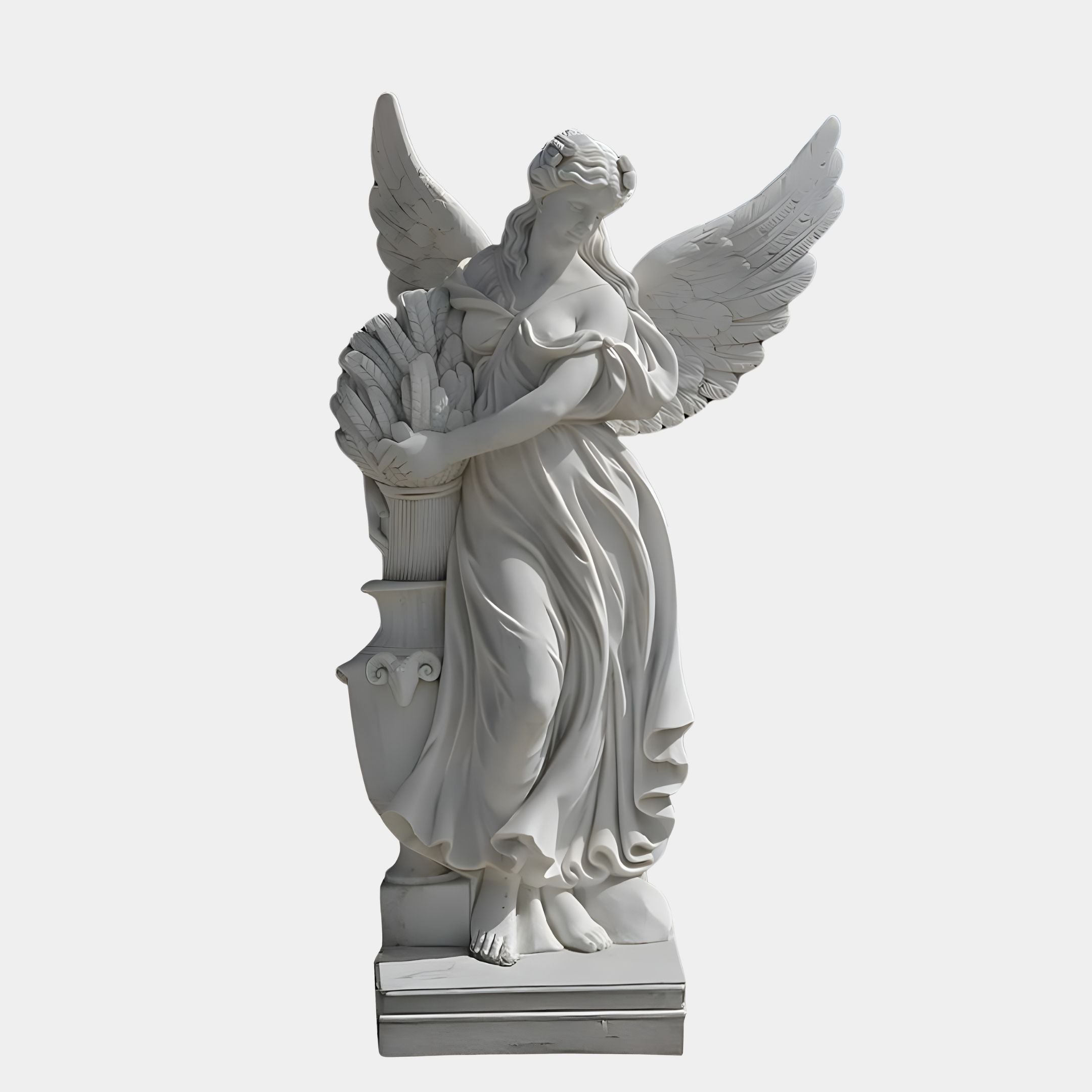 The Harvest Bounty Angel Marble Outdoor Sculpture by Giant Sculptures stands at 200cm and features a white marble angel with large wings, flowing robes, and a basket of fruits and wheat, symbolizing abundance. It serves as a graceful focal point in any garden.