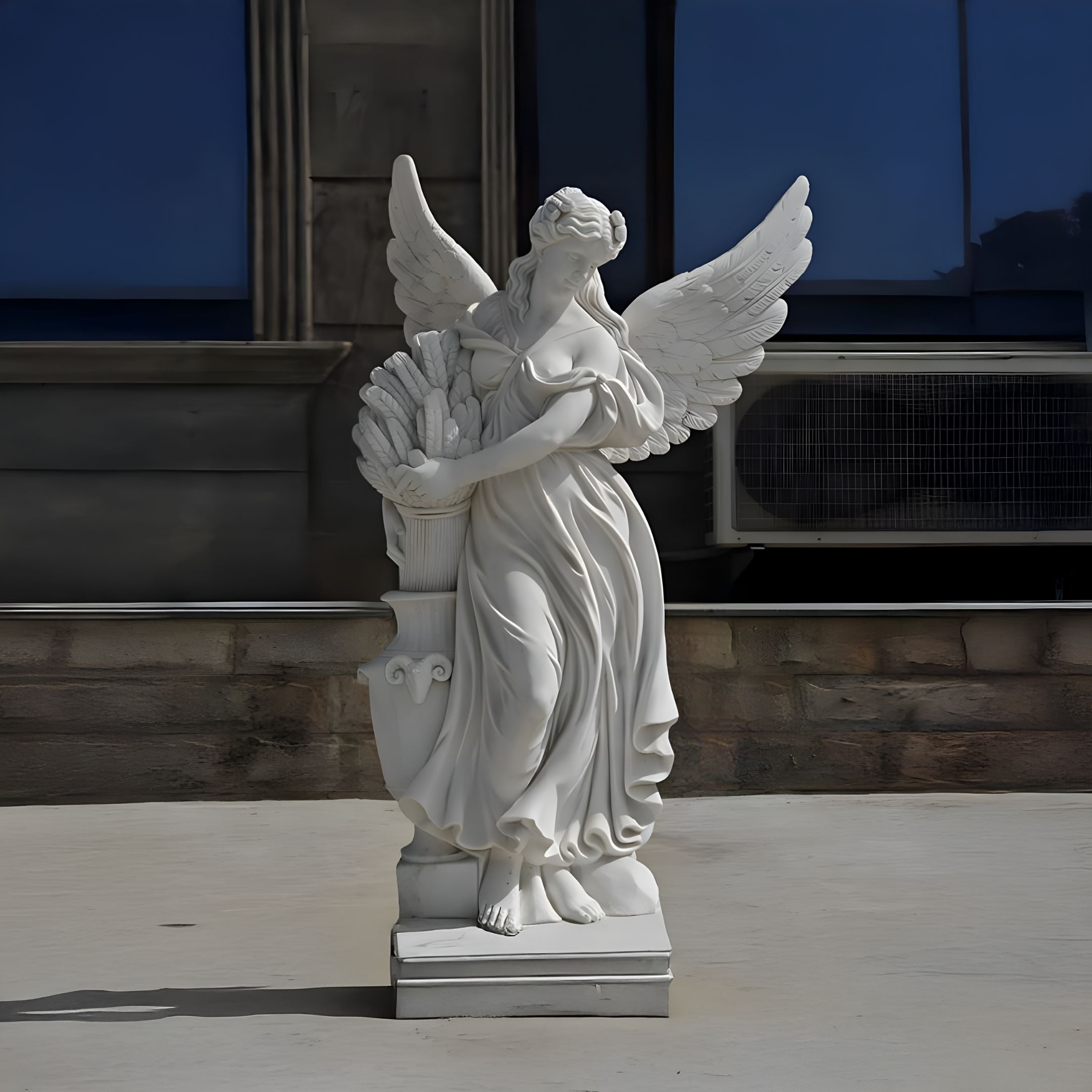 The Giant Sculptures Harvest Bounty Angel Marble Outdoor Sculpture, standing 200cm tall, gracefully depicts a winged angel with a bouquet on a square pedestal. Its flowing robes and intricate wings make it an elegant garden centerpiece against your stone wall and window backdrop.