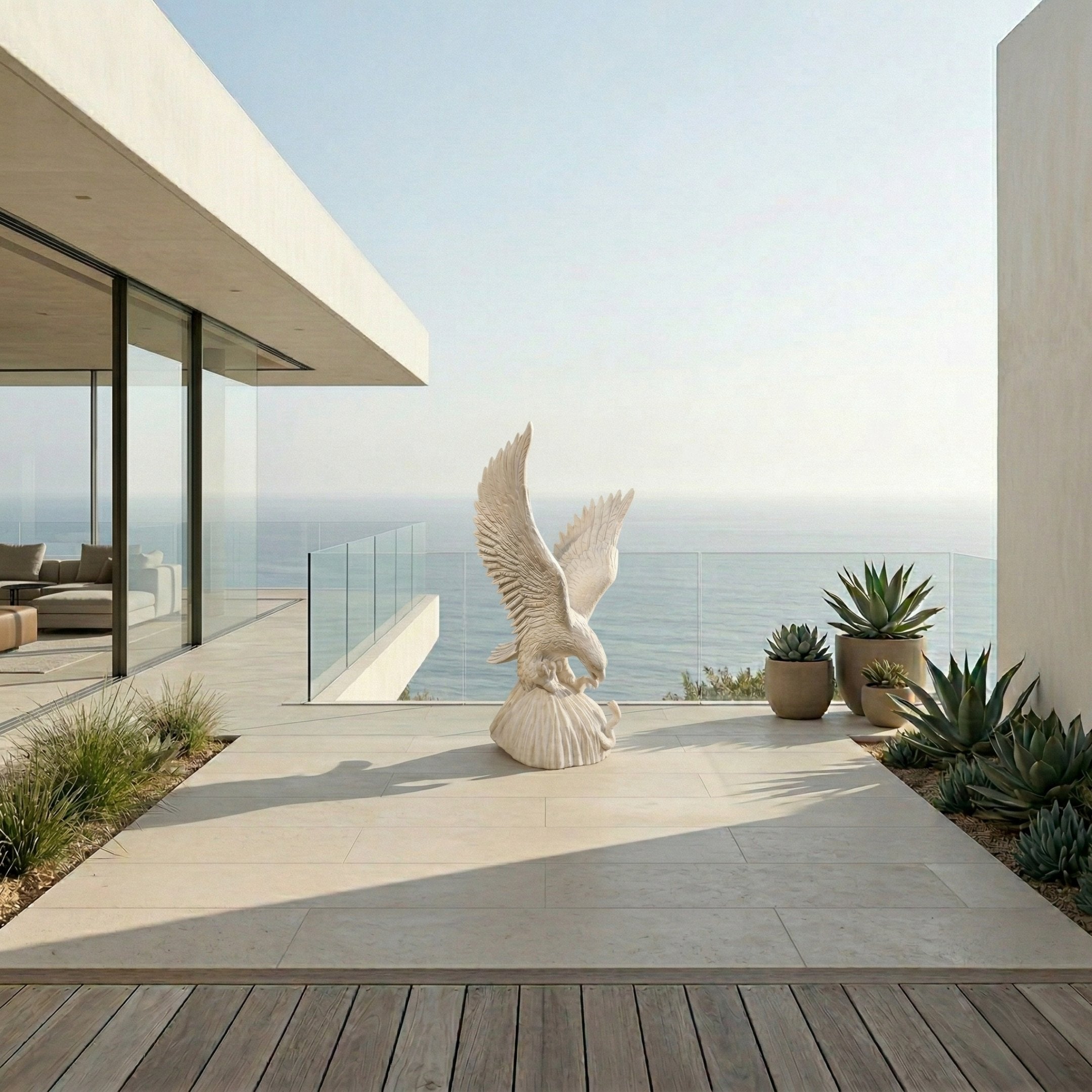 A modern seaside patio displays the Giant Sculptures Soaring Eagle White Marble Outdoor Sculpture (100cm) with wings spread, surrounded by potted succulents and grasses, near a glass-walled building overlooking the ocean.