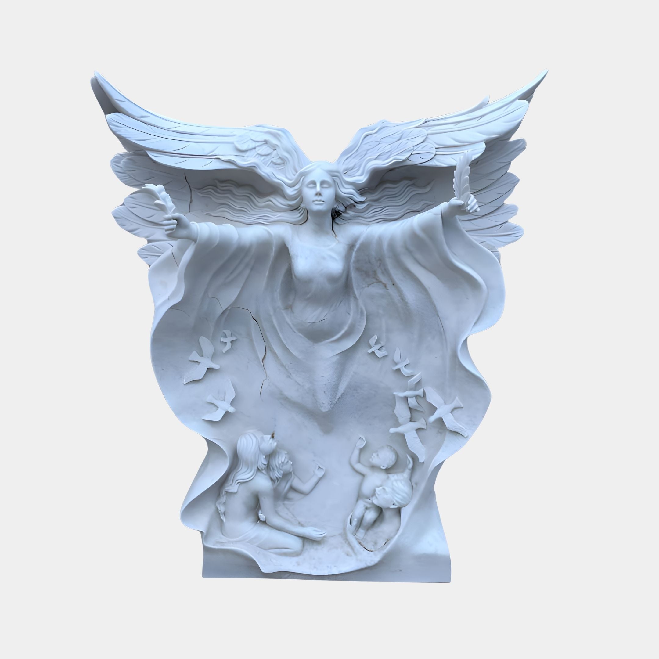 The Protective Embrace Angel Marble Outdoor Sculpture by Giant Sculptures stands at 180cm, featuring hand-carved details of a serene angel with outstretched wings and doves. Beneath her, children in flowing garments reach skyward against a plain white background.