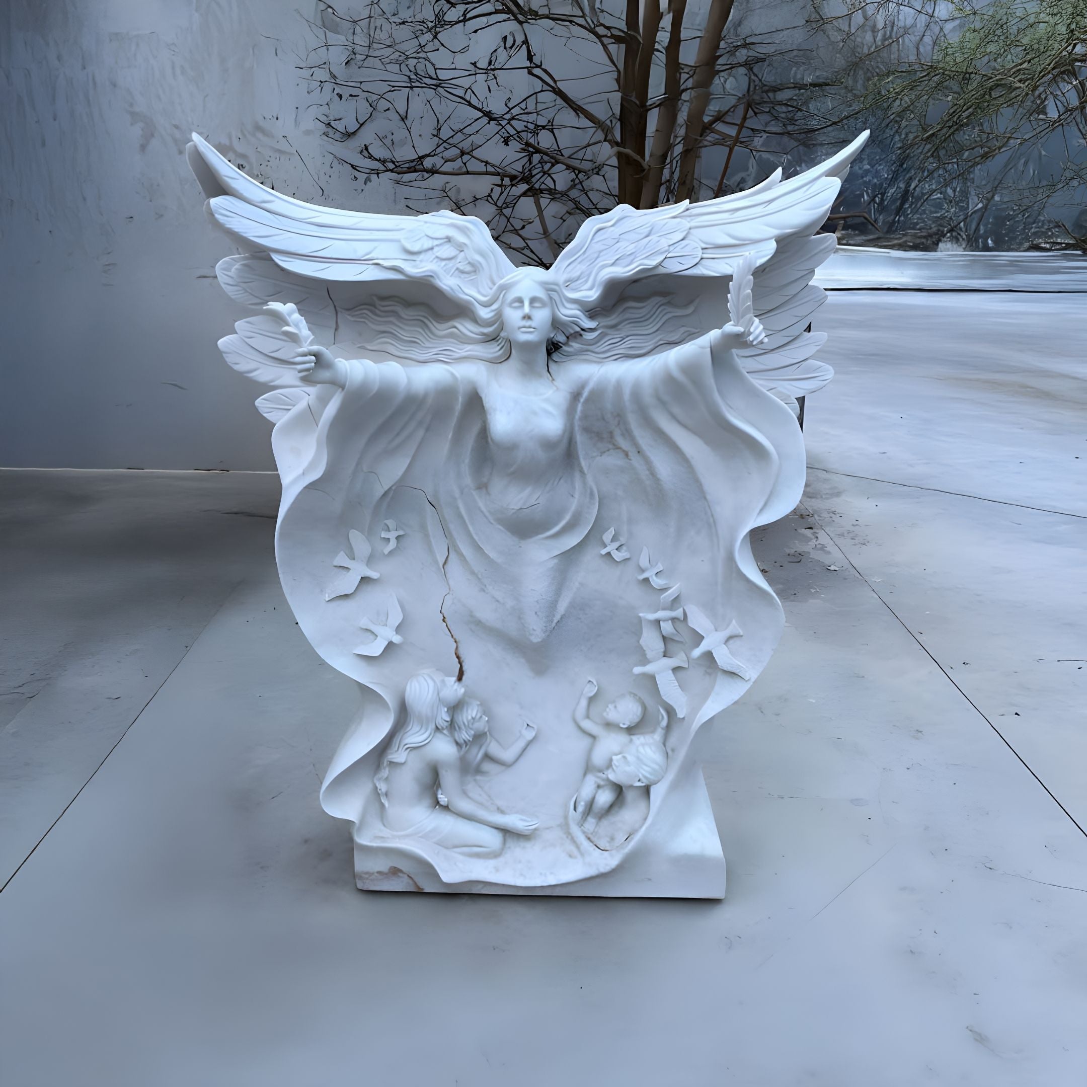 The Protective Embrace Angel Marble Outdoor Sculpture by Giant Sculptures depicts a graceful, 180cm white angel with outstretched wings. Two admiring figures and intricately hand-carved birds complete the serene indoor scene, set against a backdrop of silhouetted trees.