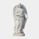 The Giant Sculptures Rose-Gathering Angel Marble Outdoor Sculpture features a 180cm white stone angel with large wings, flowing robes, and long hair holding roses. This exquisite hand-carved statue stands gracefully on a round pedestal against a plain white backdrop.