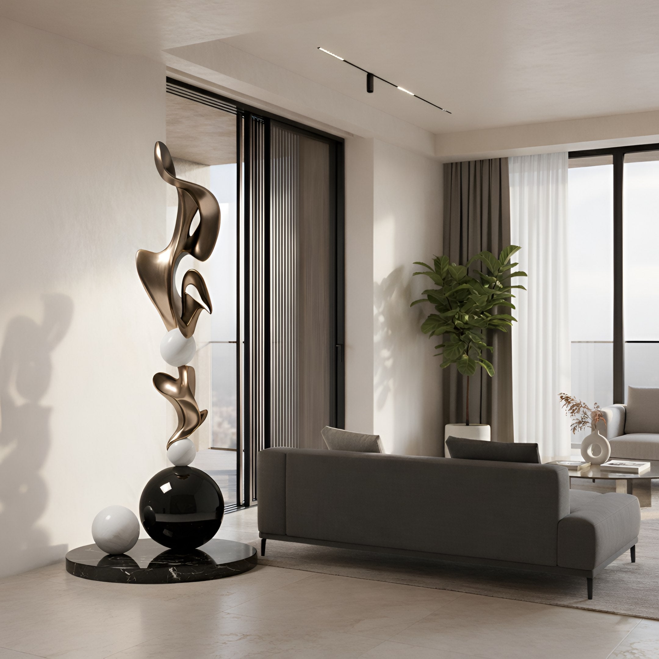 A modern living room features a gray sofa, large windows with sheer curtains, and the Balance Bronze Abstract Steel Sculpture (180cm) by Giant Sculptures as the centerpiece. Minimalist decor, neutral tones, and a potted plant complete the contemporary space.