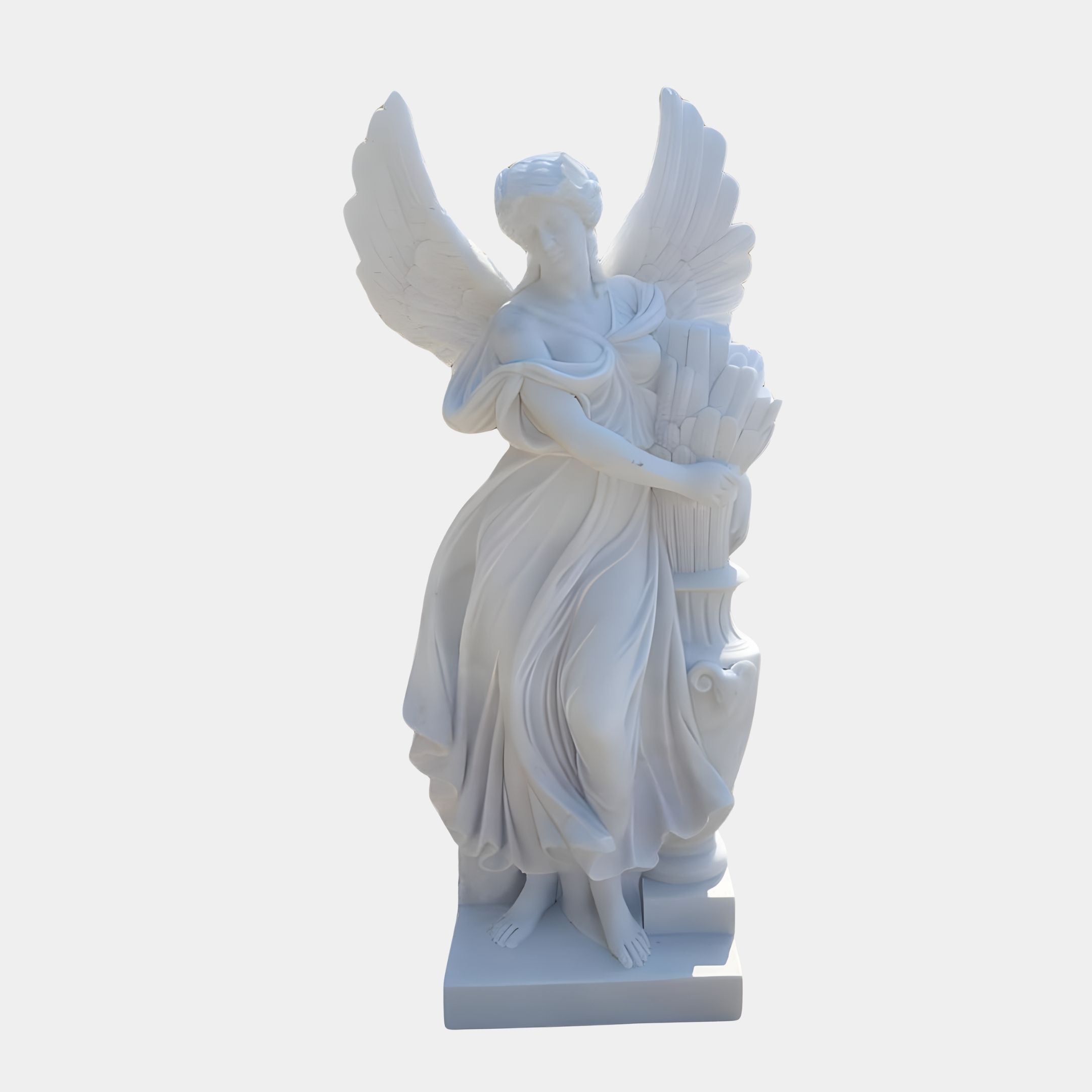 The Harvest Sheaf Angel Marble Outdoor Sculpture from Giant Sculptures is a 200cm white marble piece featuring an angel with wings holding wheat, adorned in flowing robes and mounted on a square pedestal, perfect as a captivating garden focal point.