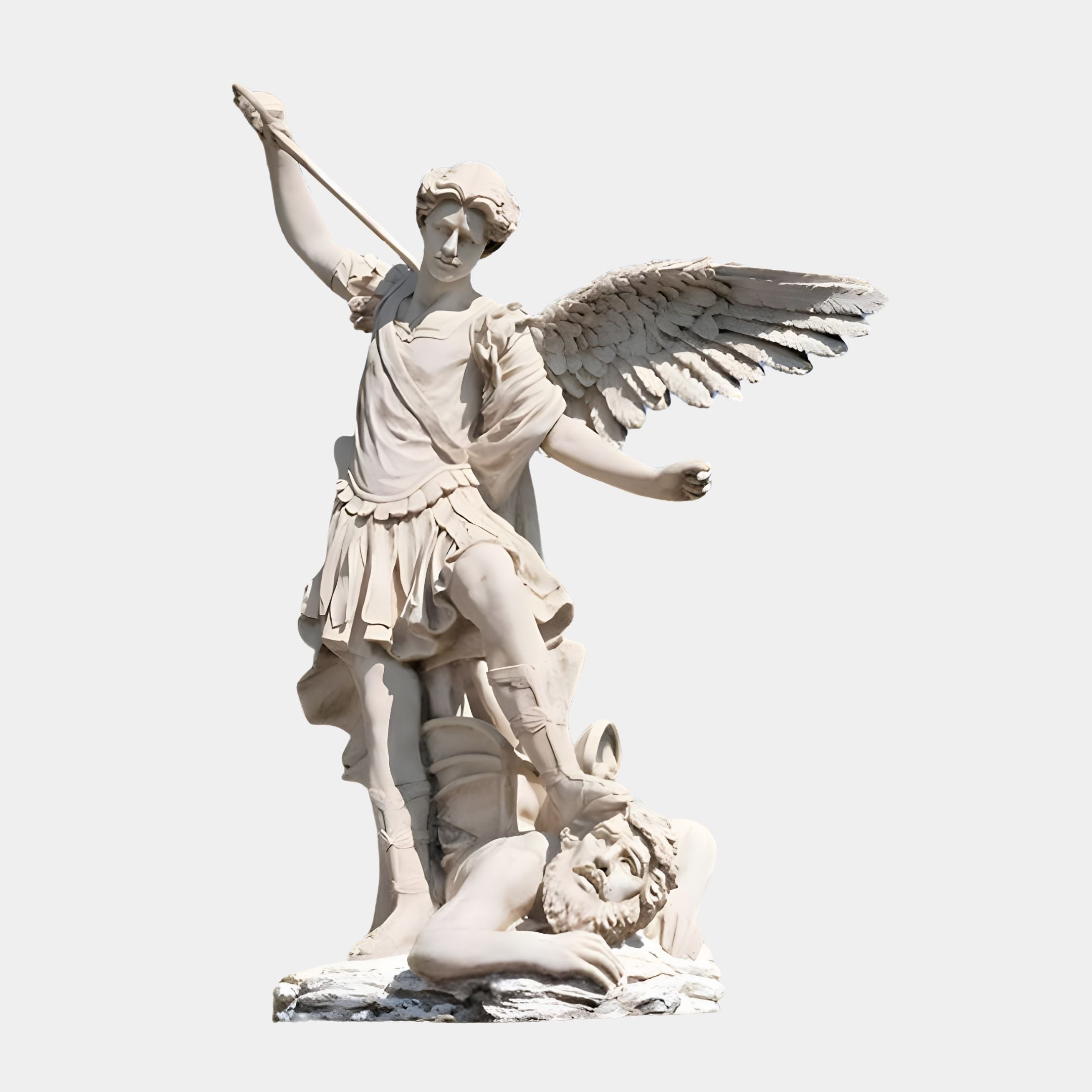 The Vanquishing Guardian Angel Marble Outdoor Sculpture - 220cm by Giant Sculptures depicts a triumphant angel with large wings in a short tunic, holding a sword aloft over an armored man. This striking piece is perfect as an outdoor garden focal point, exuding grace and strength.