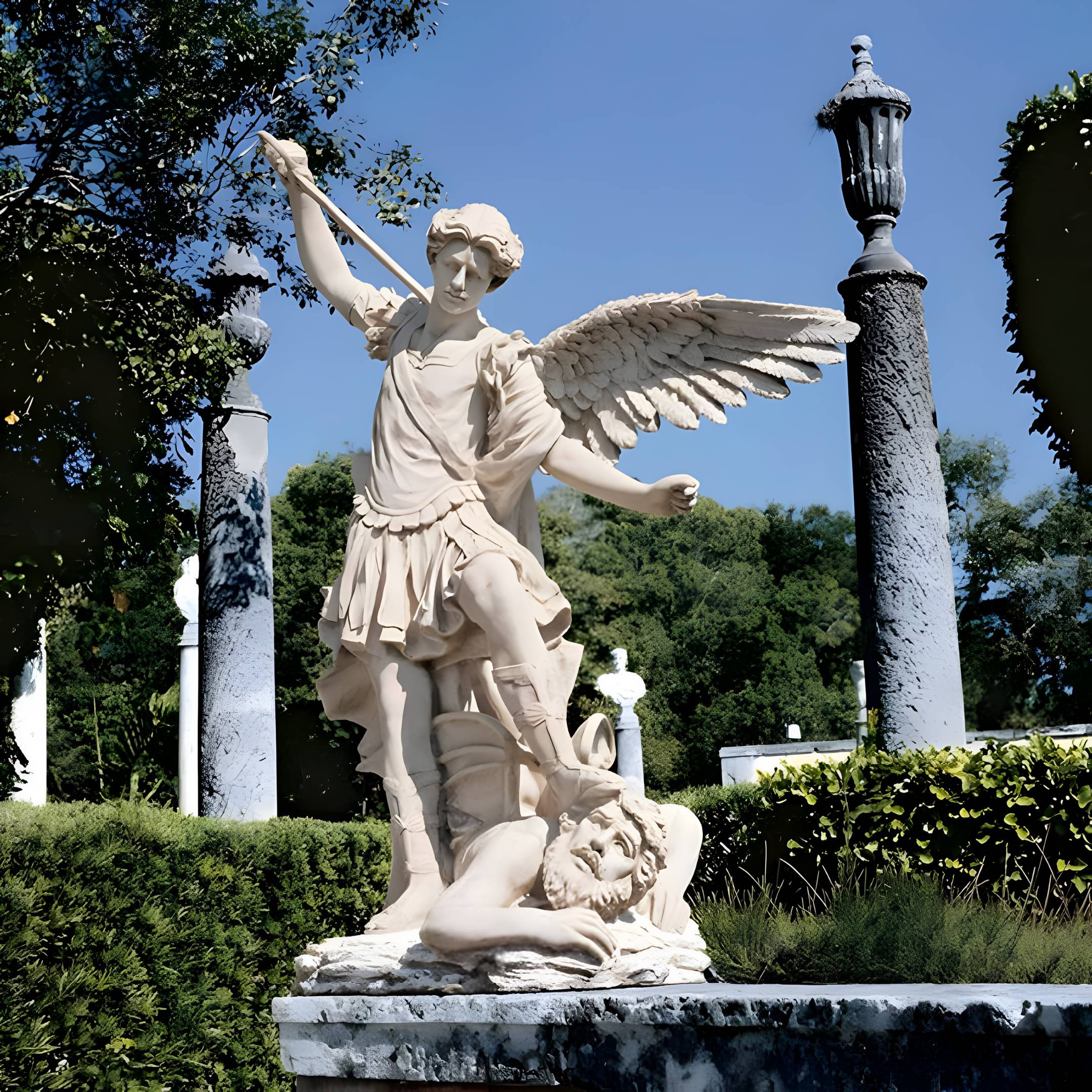 The Vanquishing Guardian Angel Marble Outdoor Sculpture by Giant Sculptures stands 220cm tall, depicting an armored angel poised with a spear, wings spread majestically. Its foot rests on a reclining figures head, creating a striking garden focal point amidst lush greenery and stone pillars under the clear blue sky.